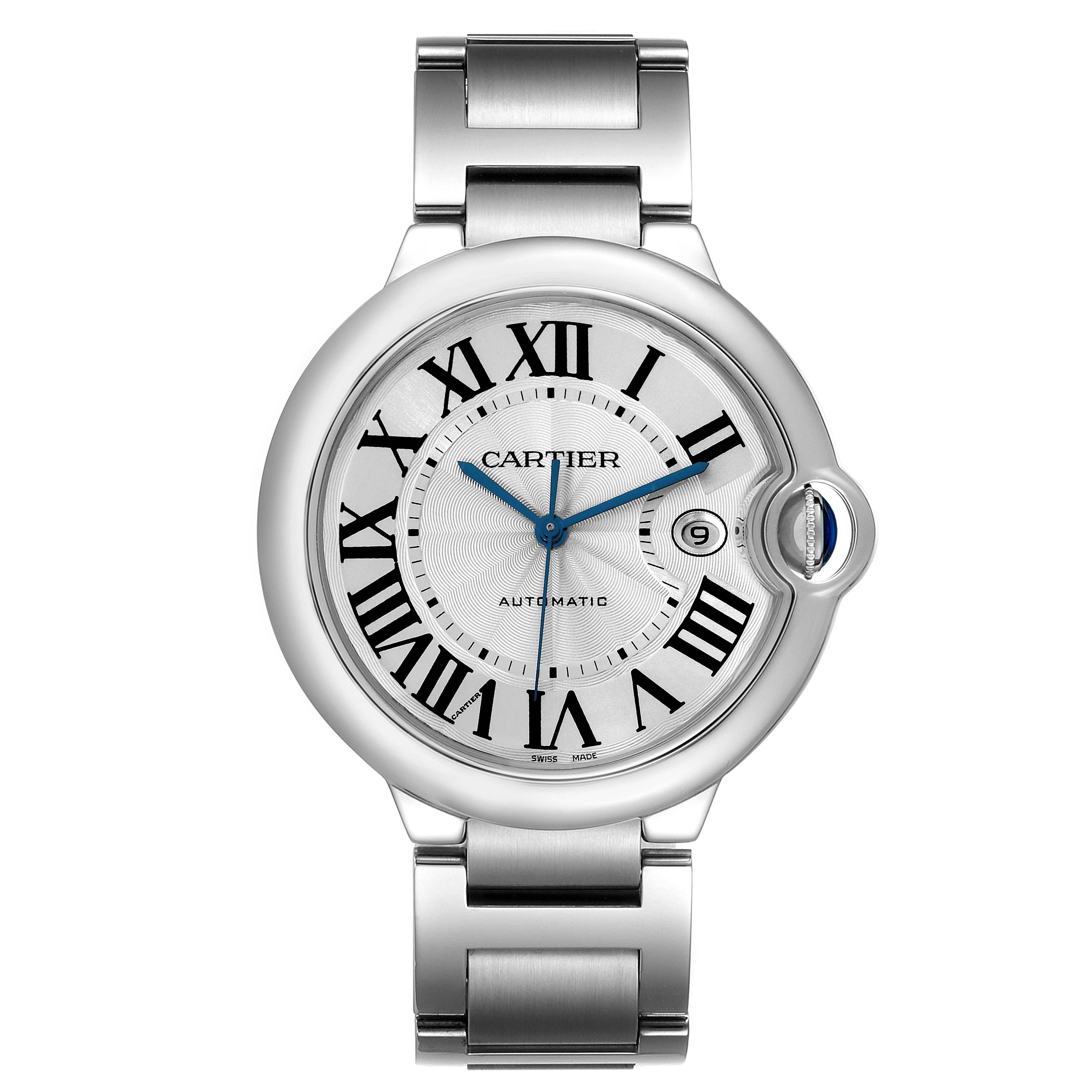 The image shows a frontal view of the Cartier Ballon Bleu W69012Z4 Men
s Stainless Steel Silver Dial W69012Z4 Men
s Stainless Steel Silver Dial watch, showcasing its dial, bracelet, and crown.