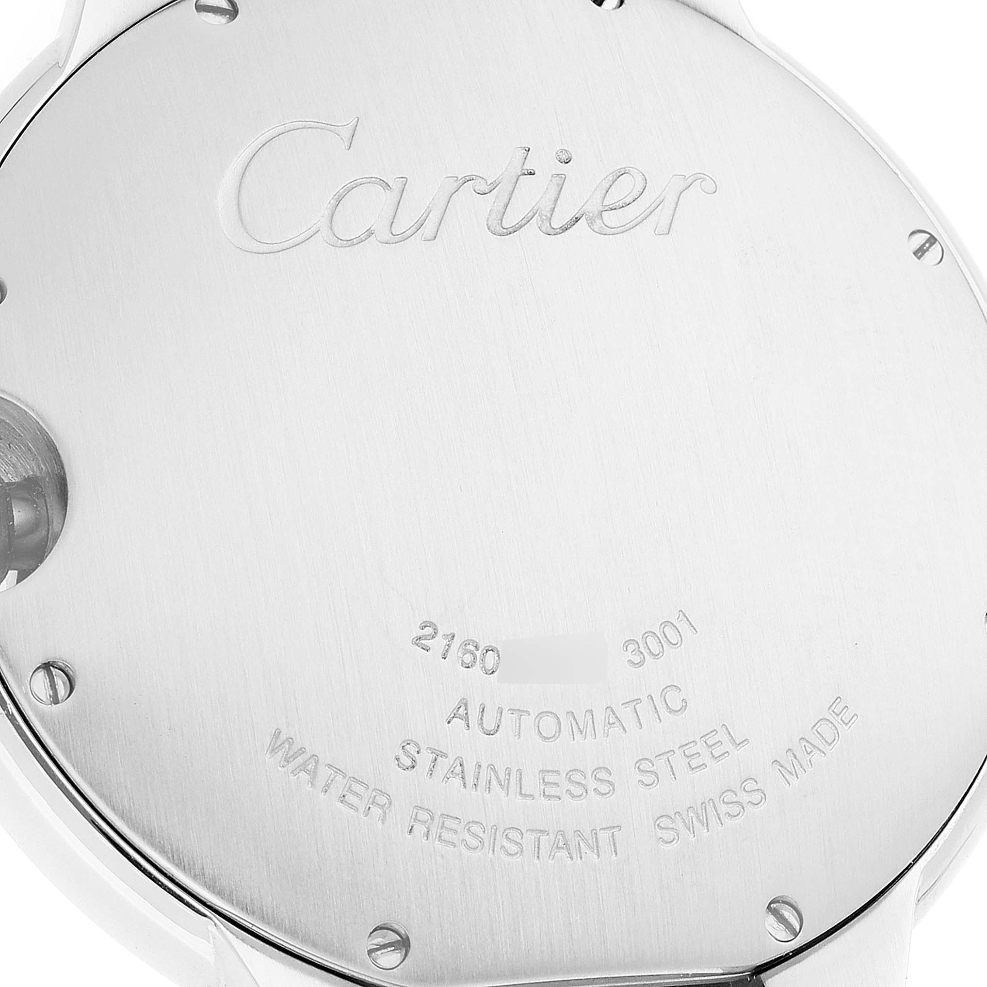 The image shows the back case of a Cartier Ballon Bleu W69012Z4 Men
s Stainless Steel Silver Dial W69012Z4 Men
s Stainless Steel Silver Dial watch, highlighting engravings and markings.