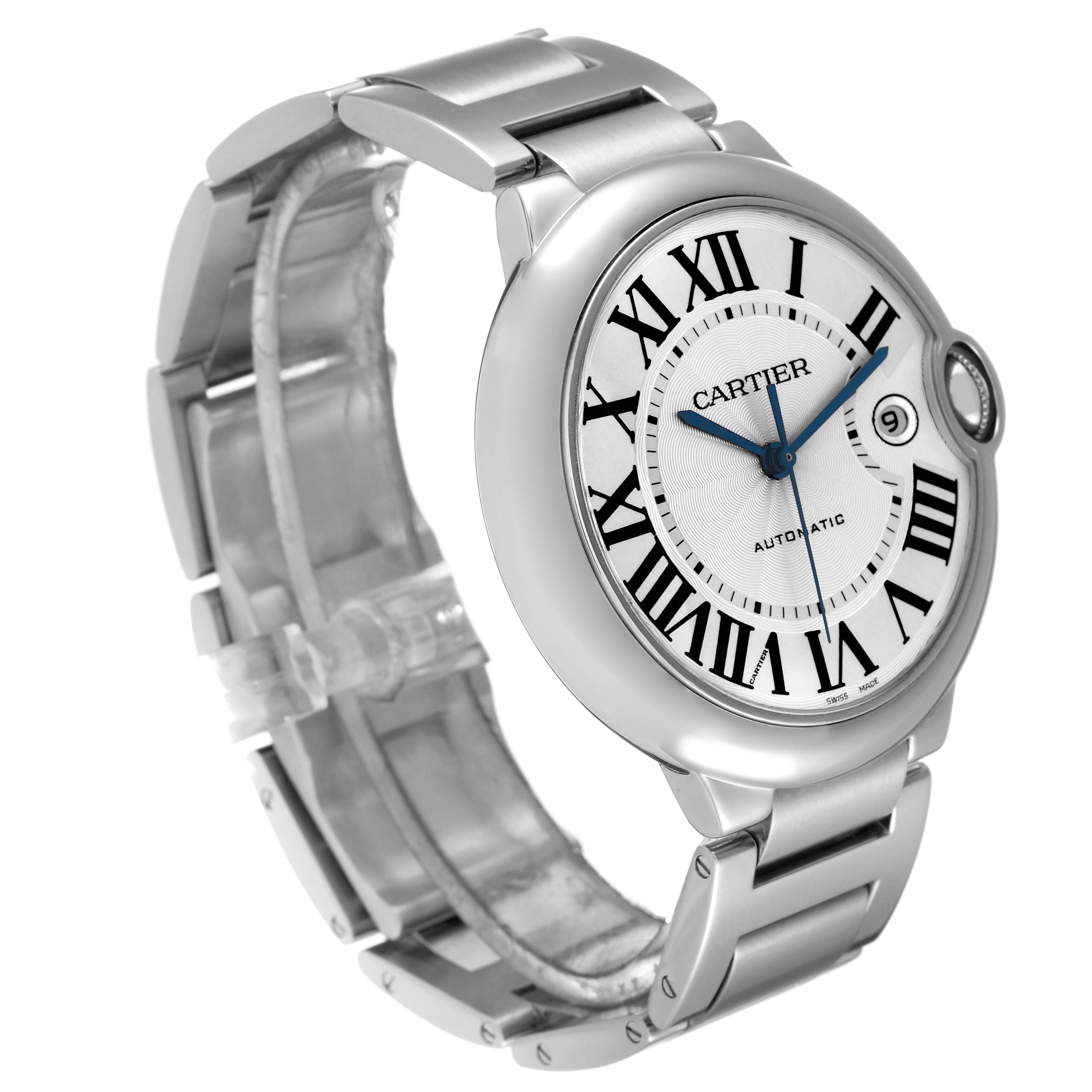The image shows a Cartier Ballon Bleu W69012Z4 Men
s Stainless Steel Silver Dial W69012Z4 Men
s Stainless Steel Silver Dial watch at an angled view, highlighting its face, bezel, strap, and Roman numeral markers.
