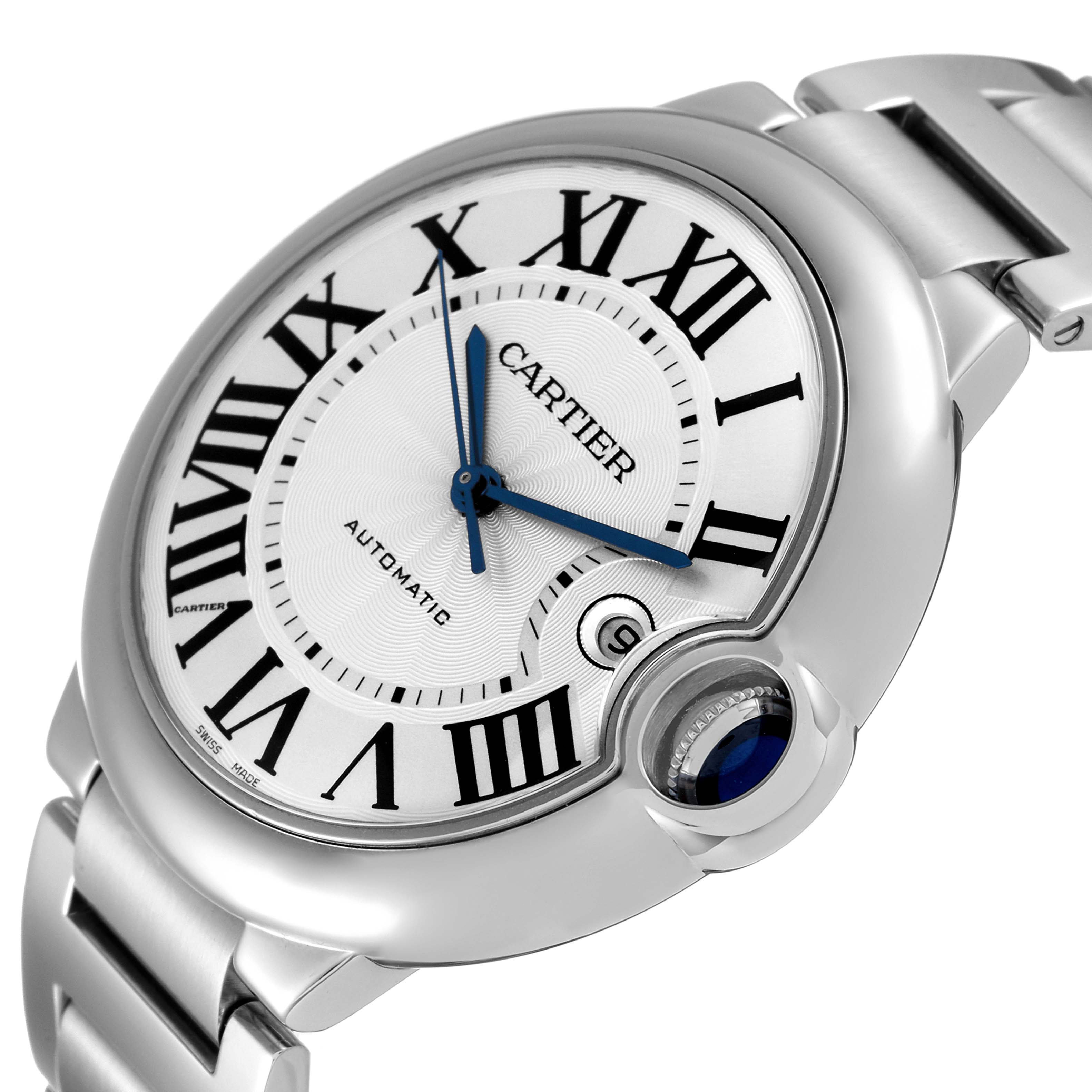 This image shows a close-up view of the Cartier Ballon Bleu W69012Z4 Men
s Stainless Steel Silver Dial W69012Z4 Men
s Stainless Steel Silver Dial watch, highlighting the dial, Roman numerals, and crown.