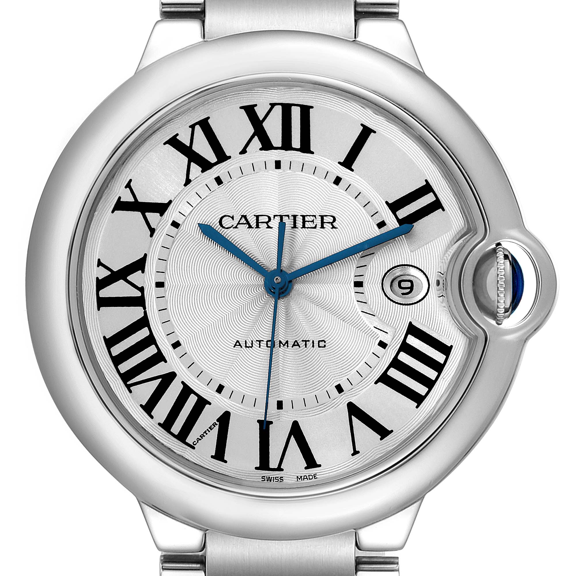 The image shows a front view of a Cartier Ballon Bleu W69012Z4 Men
s Stainless Steel Silver Dial W69012Z4 Men
s Stainless Steel Silver Dial watch, highlighting its dial, hands, and crown with a blue sapphire cabochon.
