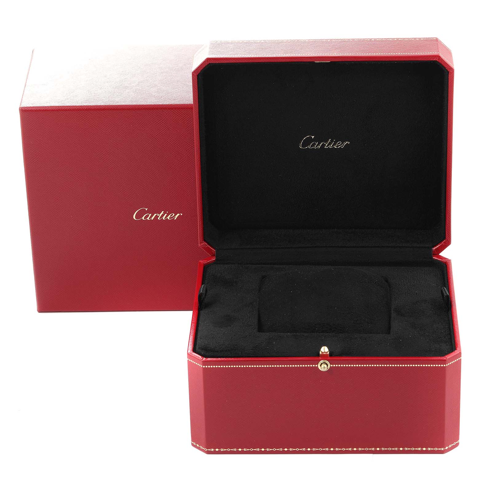 This image shows an open red Cartier box and its cover, intended for the Ballon Bleu watch model.