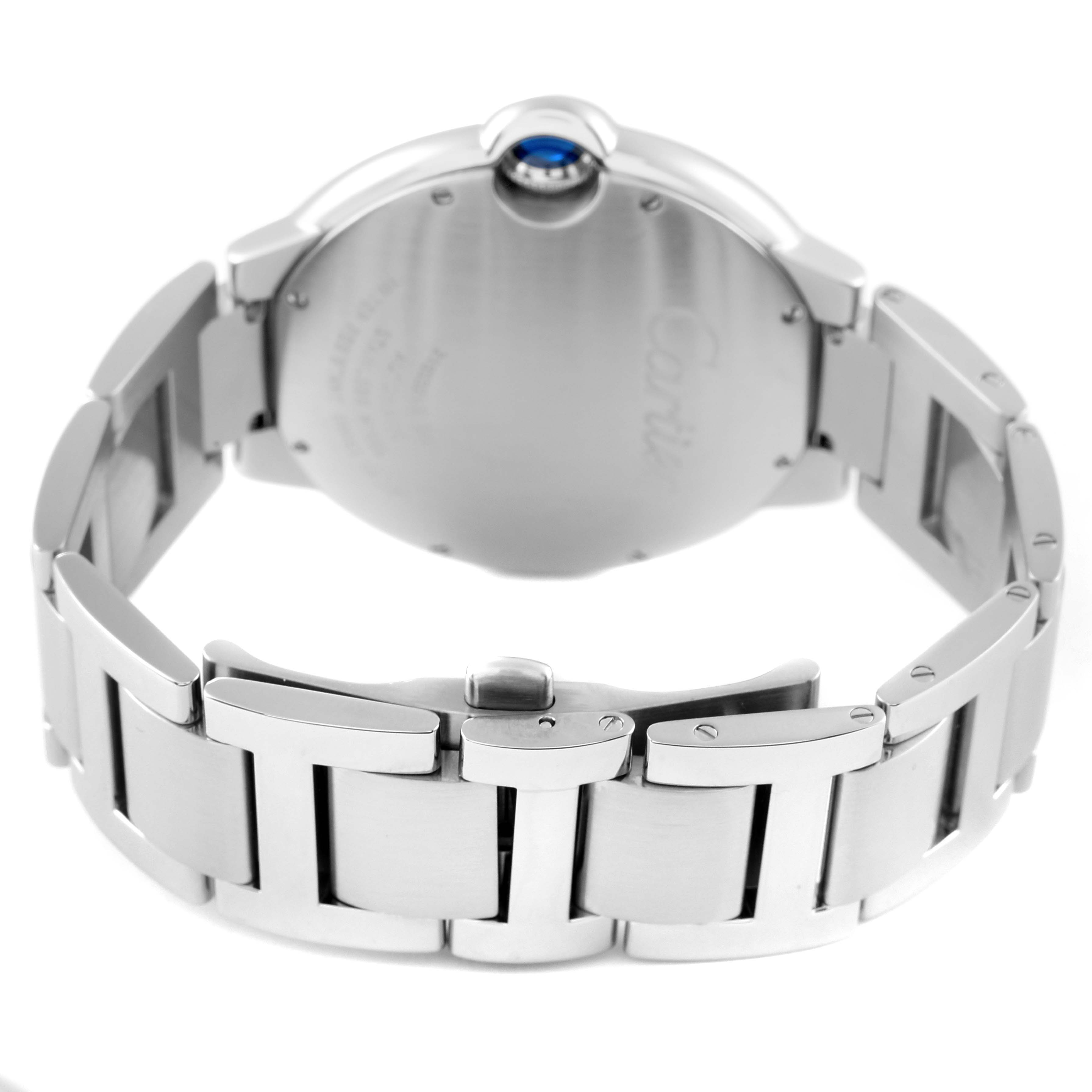 This image shows the back and bracelet of the Cartier Ballon Bleu W69012Z4 Men
s Stainless Steel Silver Dial W69012Z4 Men
s Stainless Steel Silver Dial watch from a rear angle.