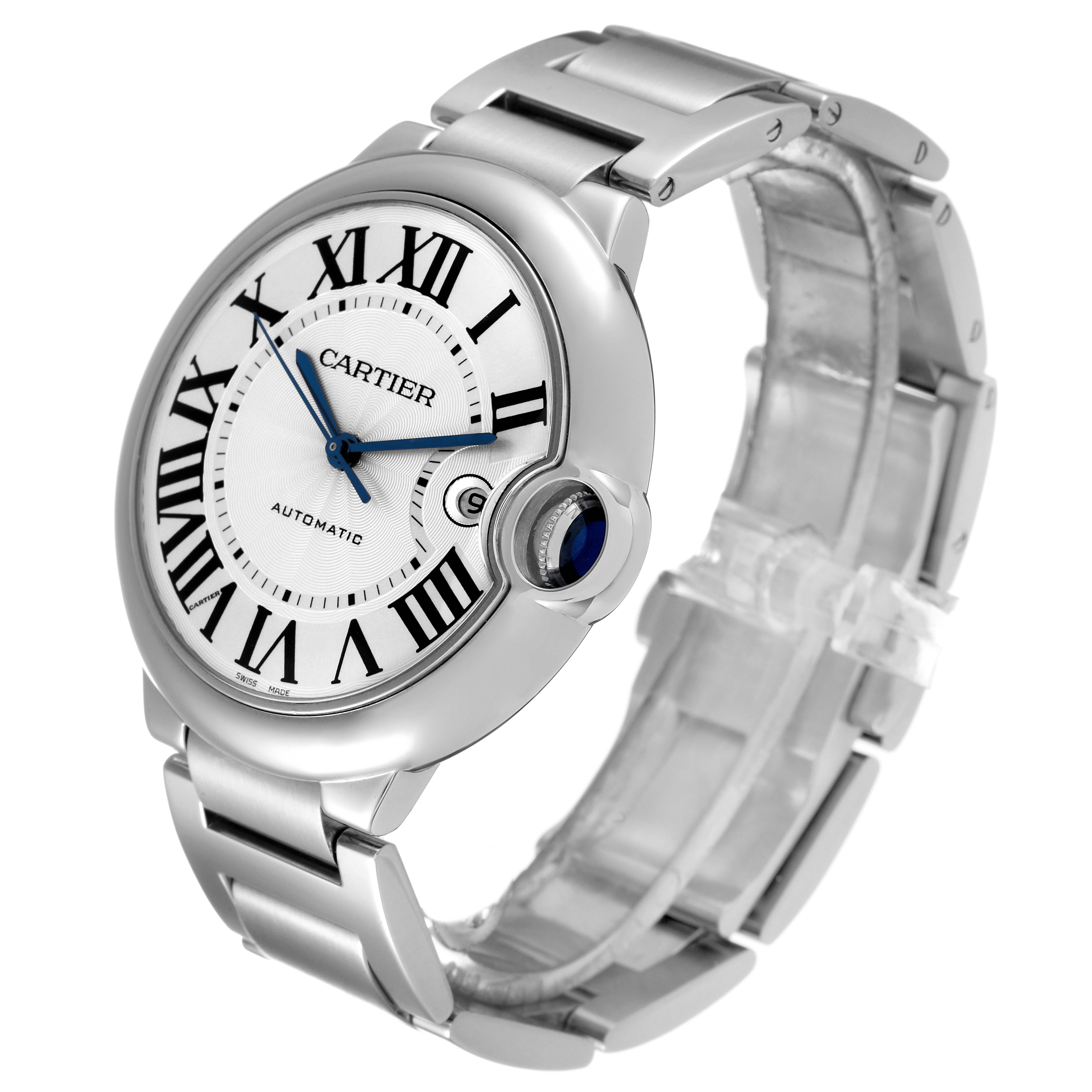 The image shows a Ballon Bleu de Cartier watch at a three-quarter angle, displaying its face, bracelet, and crown.