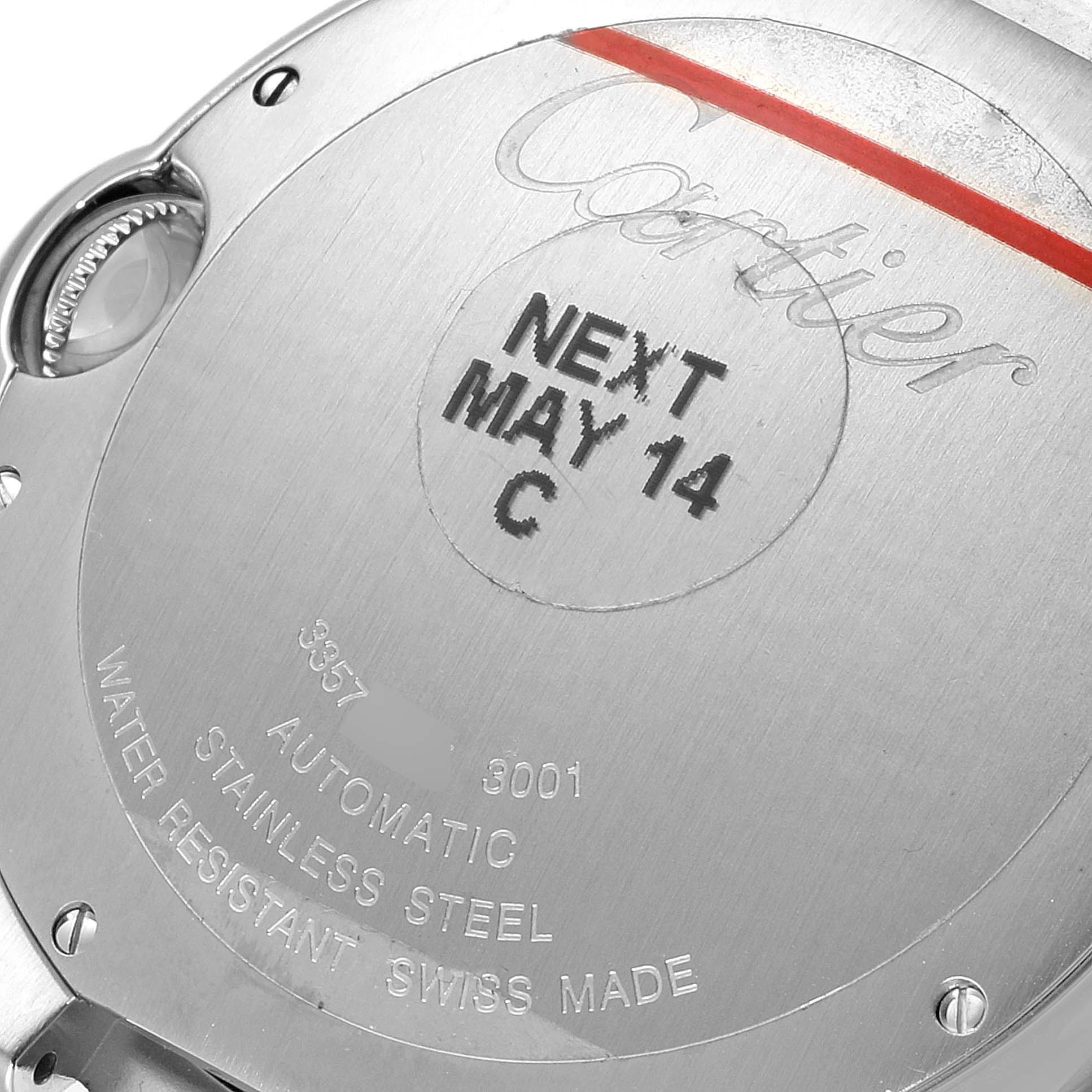 The image shows the back of a Cartier Ballon Bleu W69016Z4 Men's Stainless Steel Silver Dial W69016Z4 Men's Stainless Steel Silver Dial watch, displaying its stainless steel case, serial number, and other inscriptions.