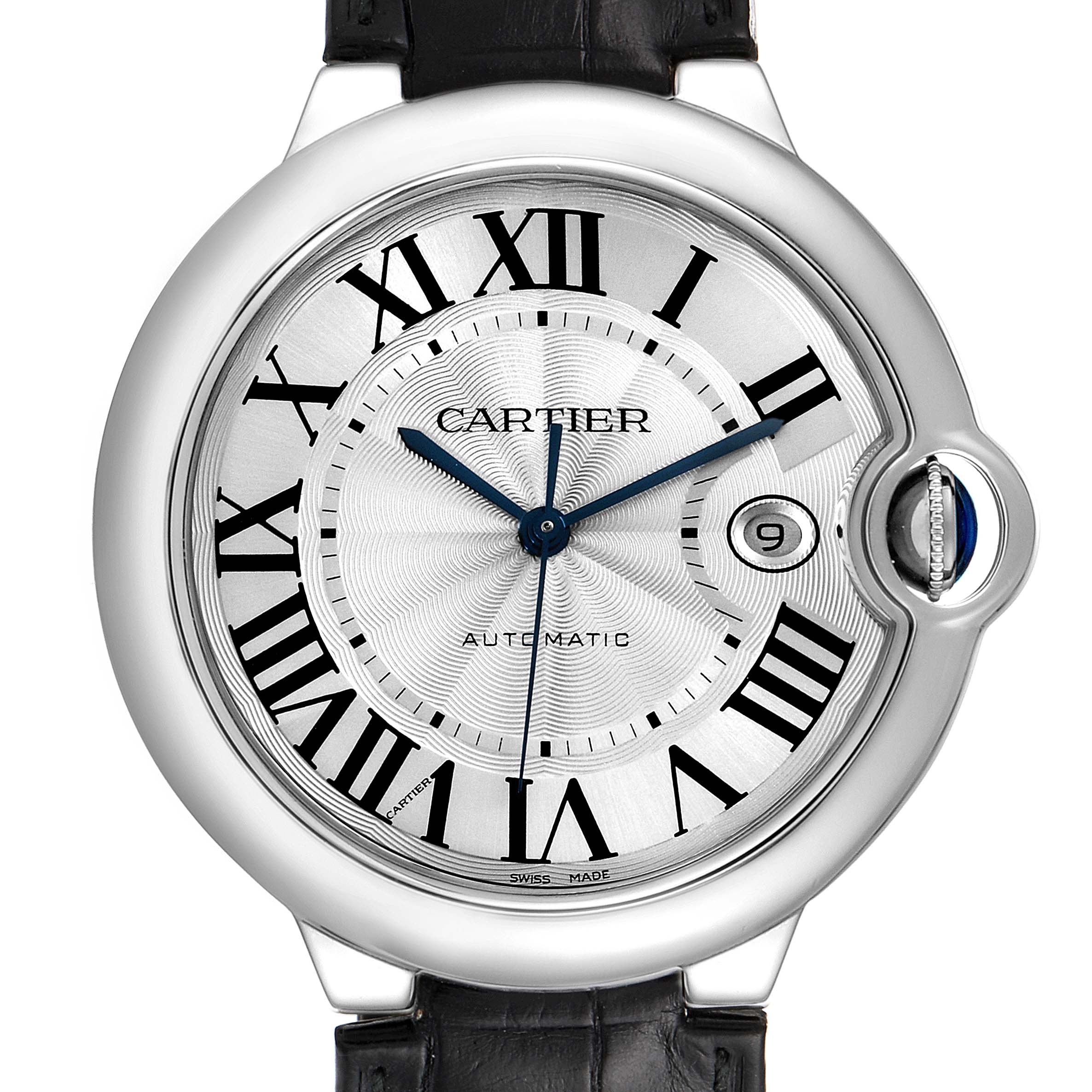 This image shows a front view of the Cartier Ballon Bleu W69016Z4 Men's Stainless Steel Silver Dial W69016Z4 Men's Stainless Steel Silver Dial watch, displaying its face, Roman numeral markers, date window, and crown.