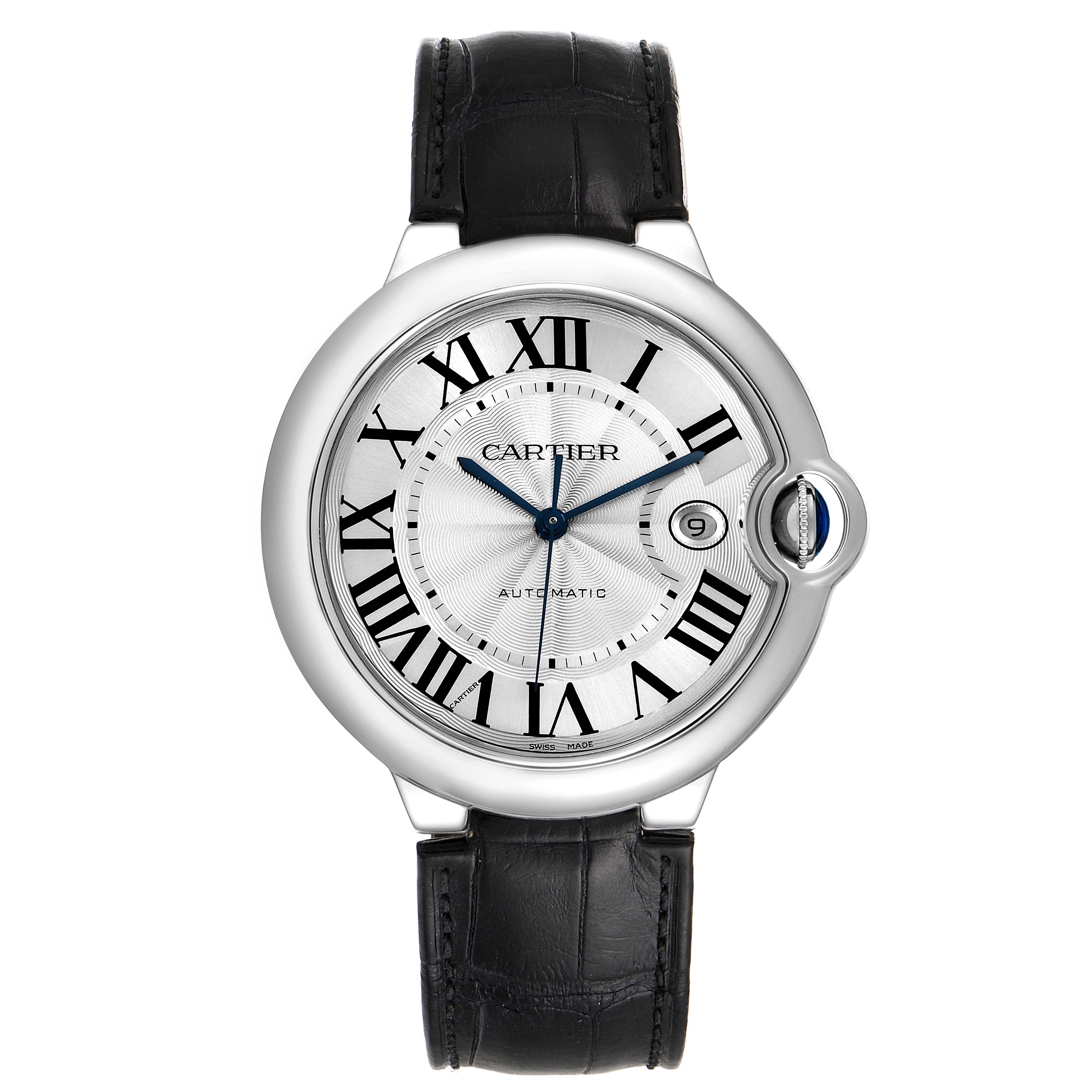 The image shows a front view of the Cartier Ballon Bleu W69016Z4 Men's Stainless Steel Silver Dial W69016Z4 Men's Stainless Steel Silver Dial watch, displaying the dial, Roman numeral markers, and black leather strap.