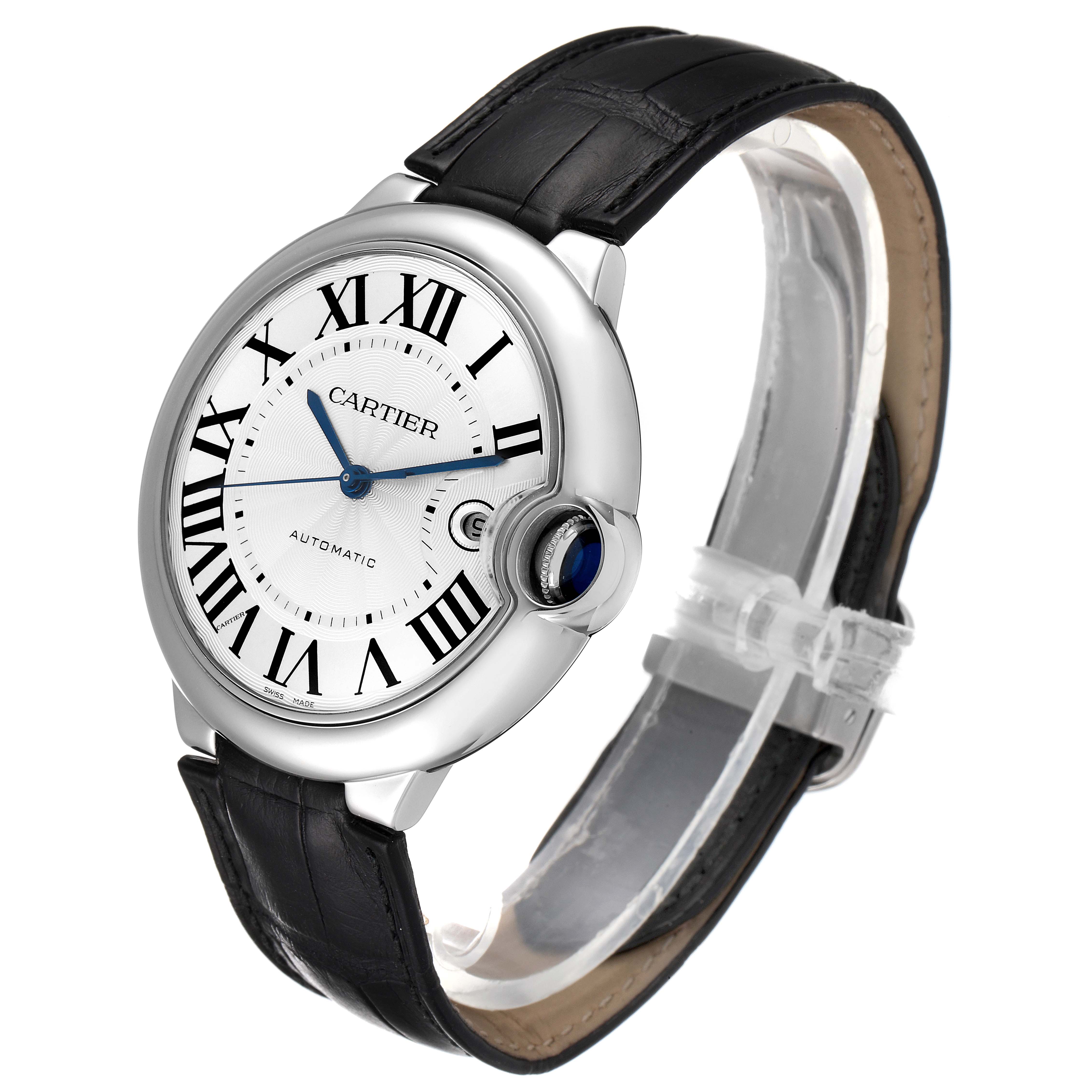 This image shows a Cartier Ballon Bleu W69016Z4 Men's Stainless Steel Silver Dial W69016Z4 Men's Stainless Steel Silver Dial watch at a slight angle, highlighting the face, bezel, strap, and crown.