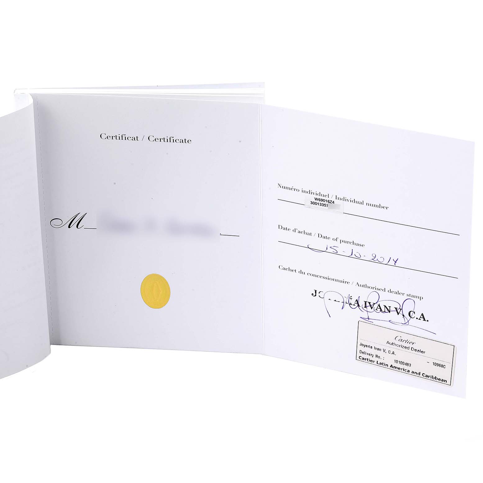 This image shows the certificate of authenticity for a Ballon Bleu model by Cartier, displaying purchase date and dealer stamp.