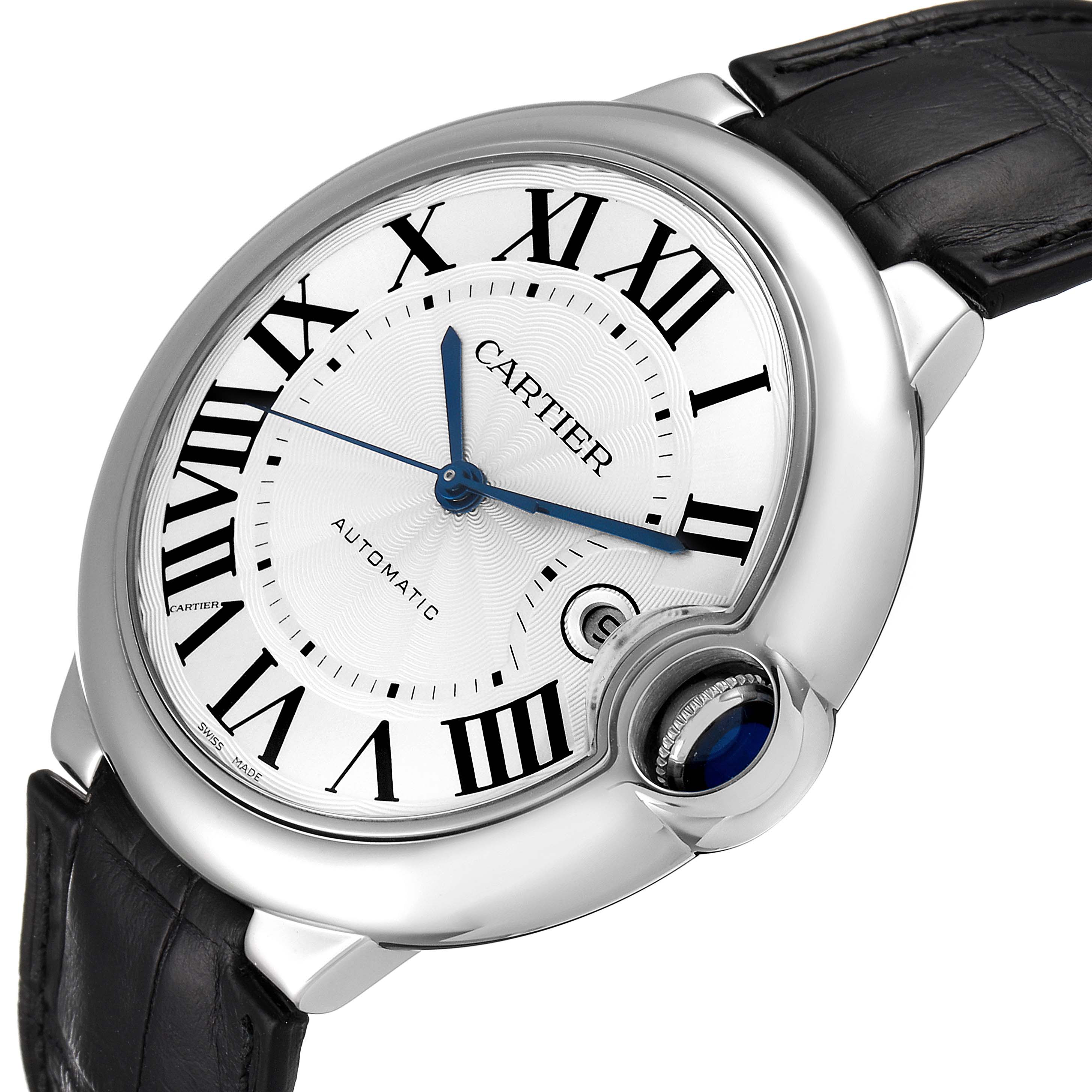 The image shows a Cartier Ballon Bleu W69016Z4 Men's Stainless Steel Silver Dial W69016Z4 Men's Stainless Steel Silver Dial watch angled to display its face, Roman numerals, blue hands, and leather strap.