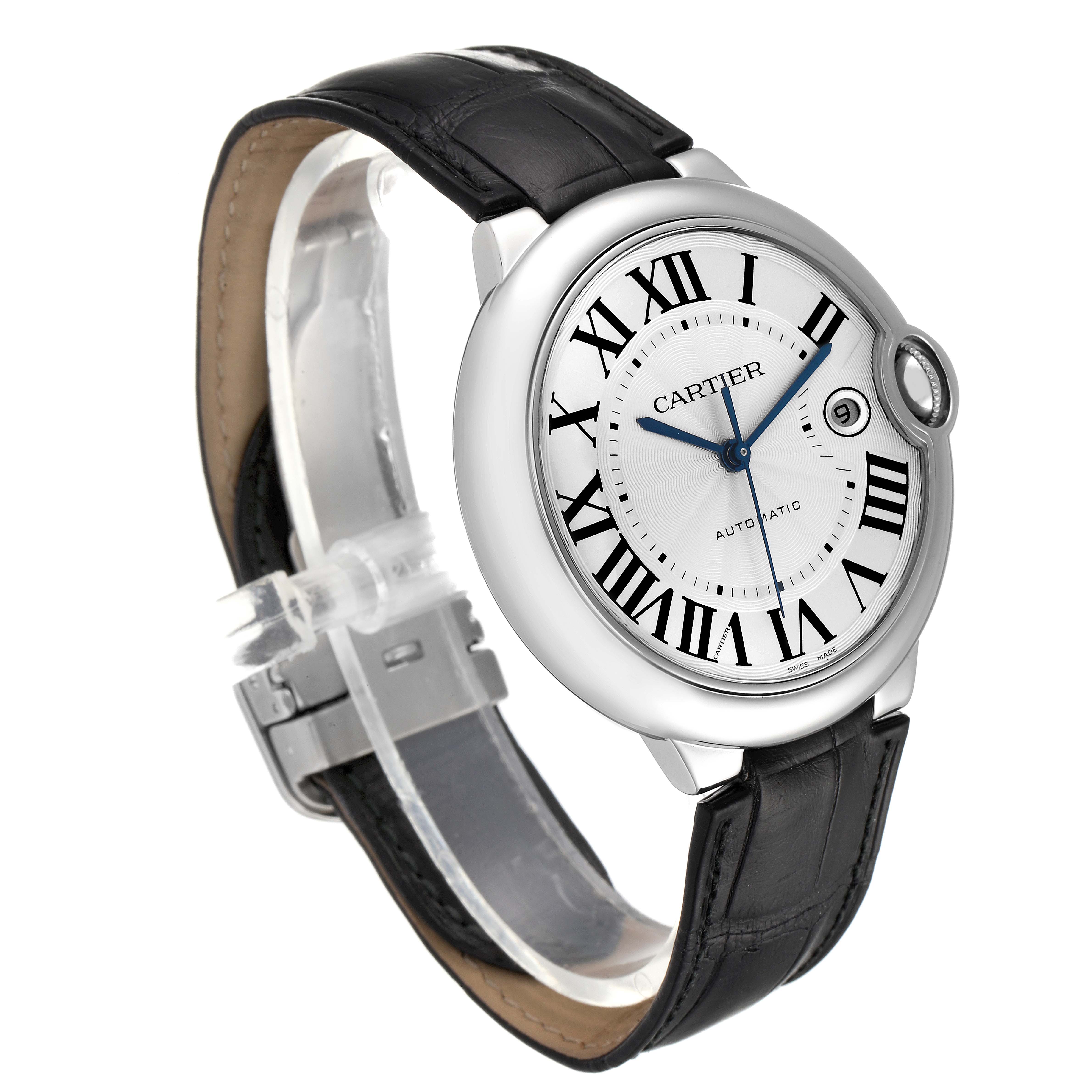 This image shows a side and front angle of a Cartier Ballon Bleu W69016Z4 Men's Stainless Steel Silver Dial W69016Z4 Men's Stainless Steel Silver Dial watch, highlighting its face, strap, and clasp.