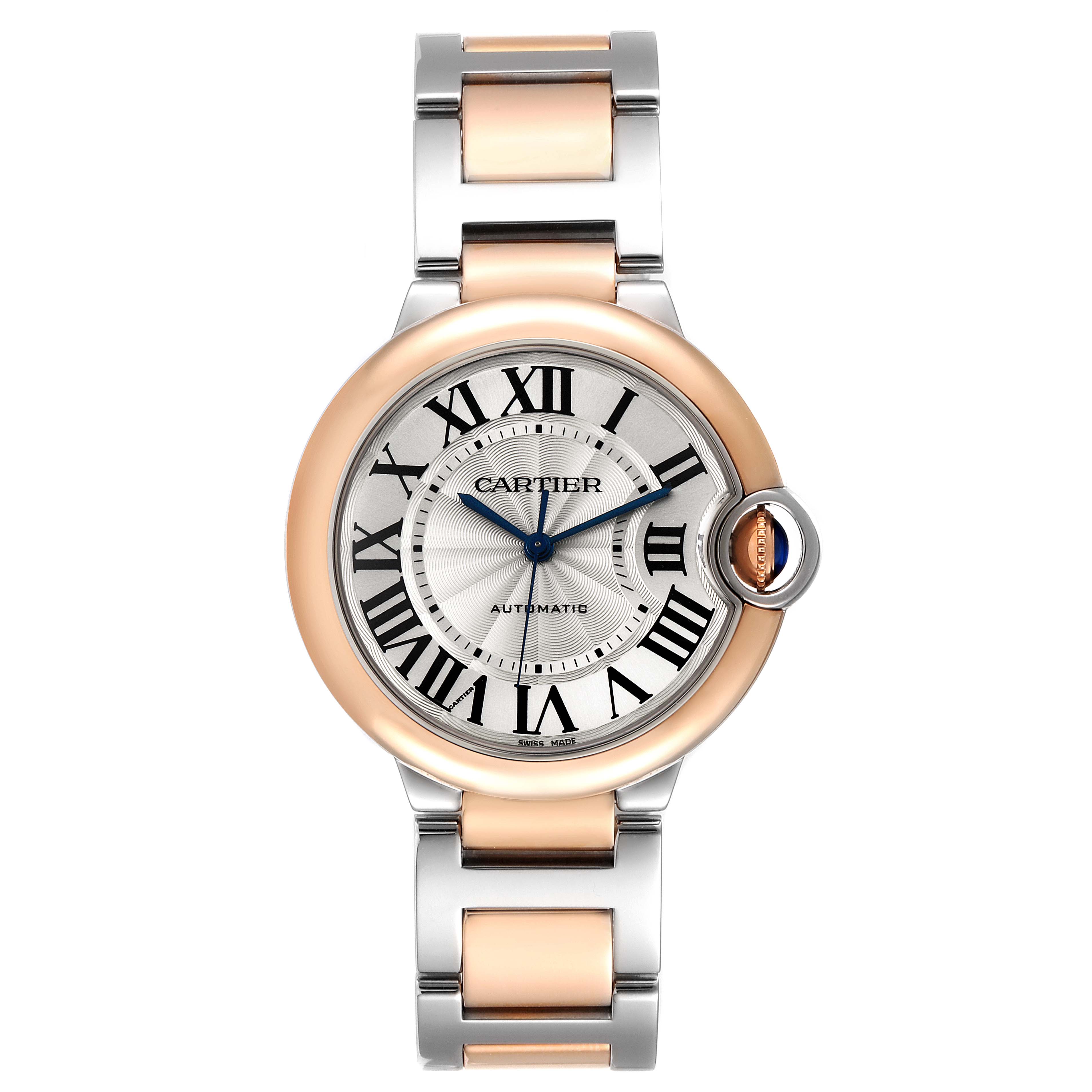 The image shows a front-facing view of a Cartier Ballon Bleu W2BB0003 Women
s Steel and Gold (two tone) Silver Dial W2BB0003 Women
s Steel and Gold (two tone) Silver Dial watch, highlighting its dial, hands, and two-tone bracelet.