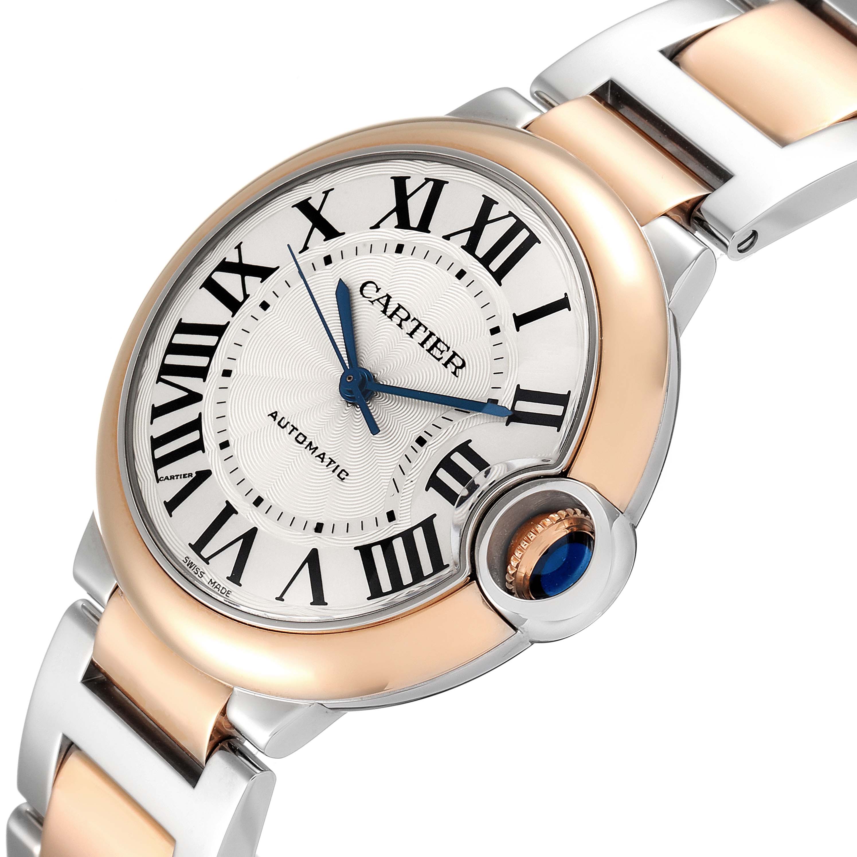 This image shows a Cartier Ballon Bleu W2BB0003 Women
s Steel and Gold (two tone) Silver Dial W2BB0003 Women
s Steel and Gold (two tone) Silver Dial watch angled from the front, highlighting the face, bezel, and part of the bracelet.