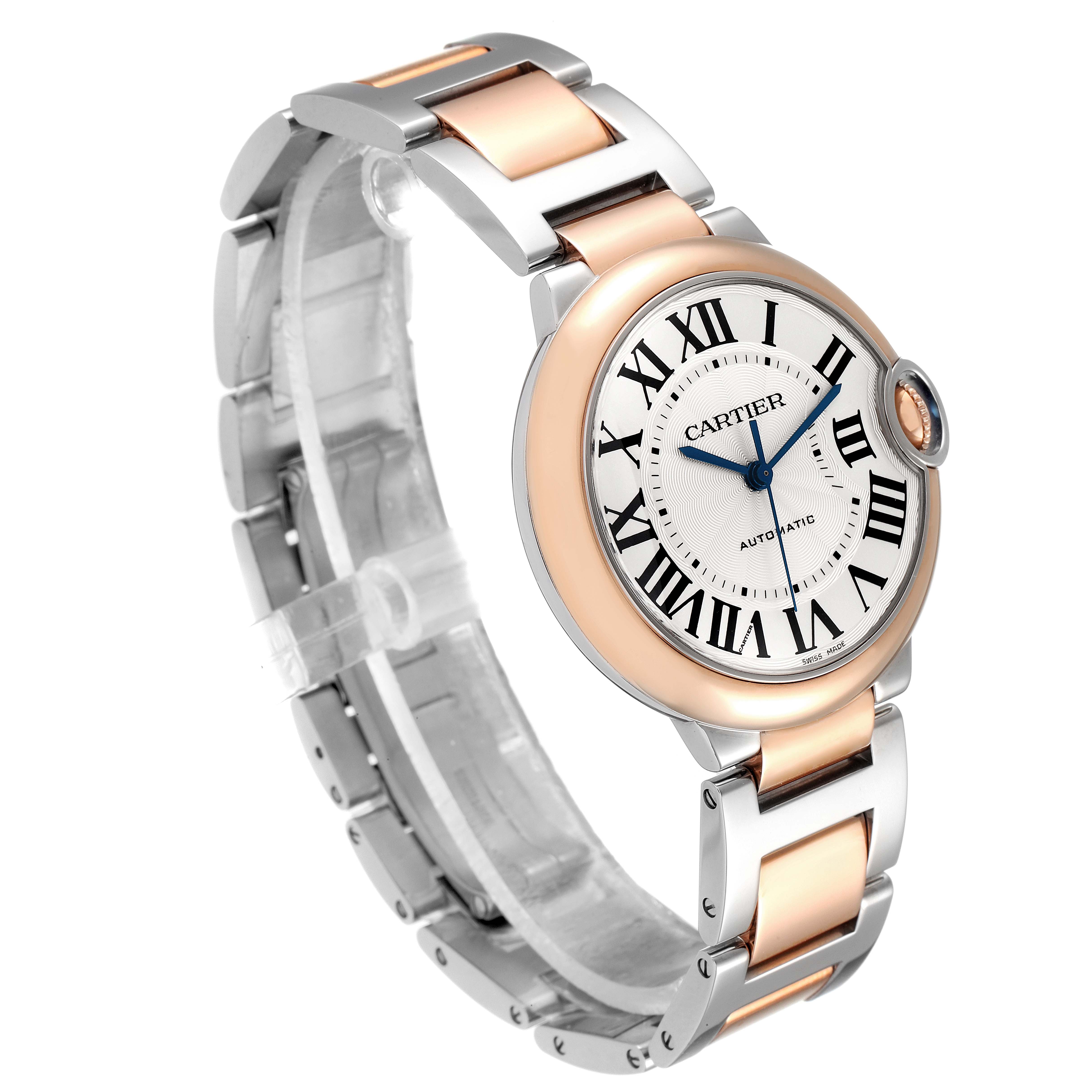 The Cartier Ballon Bleu W2BB0003 Women
s Steel and Gold (two tone) Silver Dial W2BB0003 Women
s Steel and Gold (two tone) Silver Dial watch shown from a three-quarter angle highlights its dial, crown, and two-tone metal bracelet.