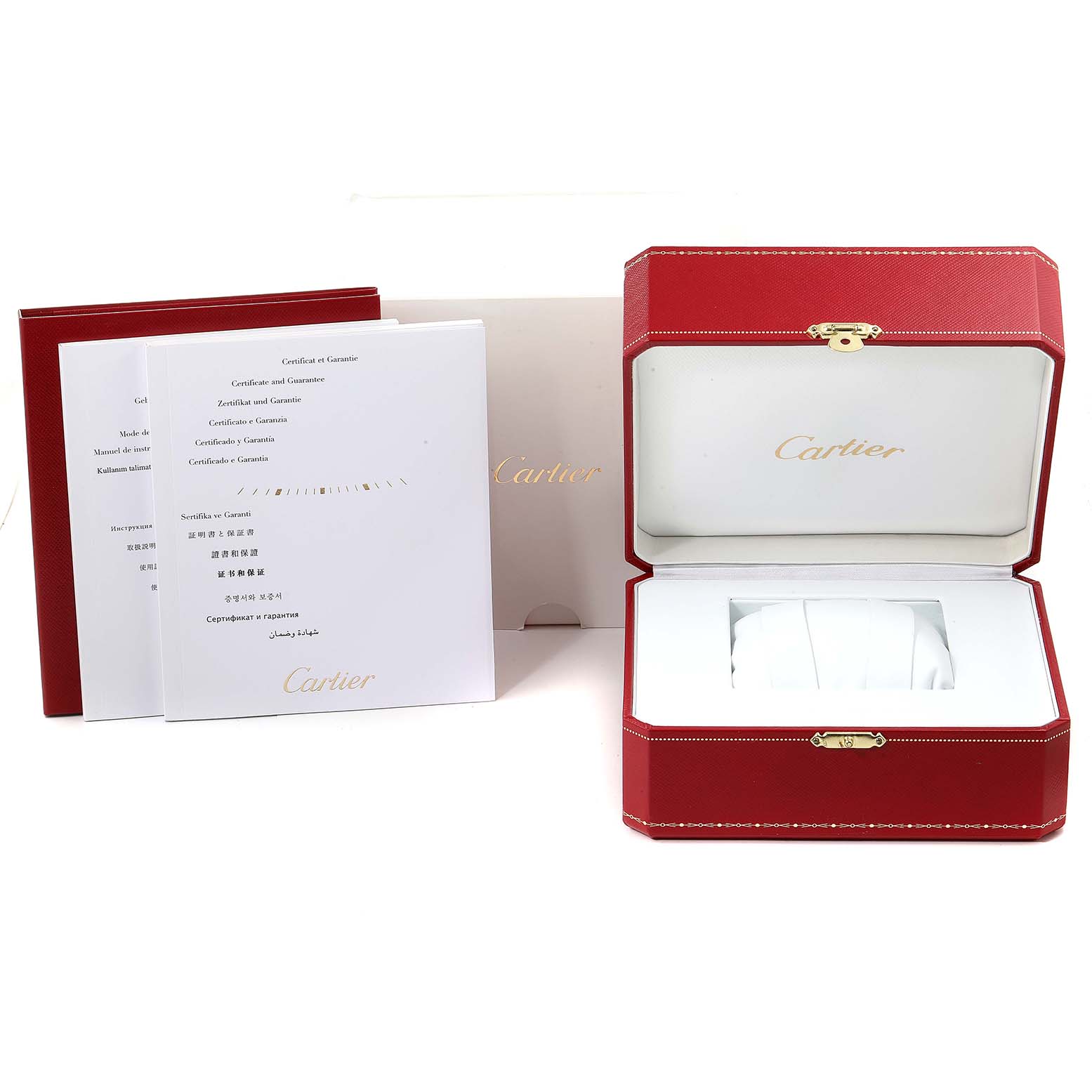 This image shows the packaging and documentation for a Cartier Ballon Bleu W2BB0003 Women
s Steel and Gold (two tone) Silver Dial W2BB0003 Women
s Steel and Gold (two tone) Silver Dial watch, including the red box and certificates.