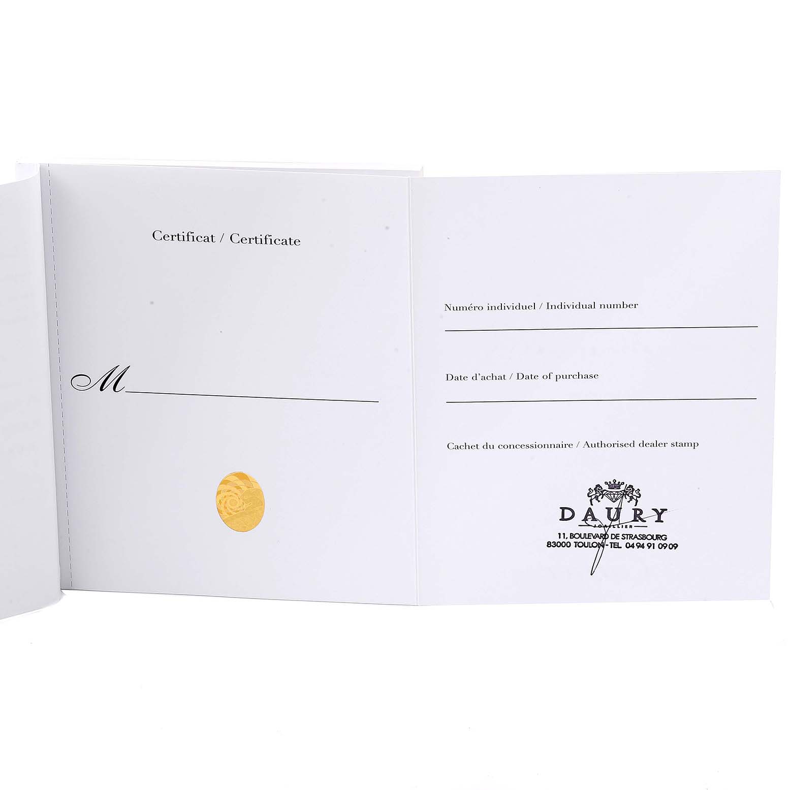 This image shows the opened certificate booklet for the Cartier Ballon Bleu W2BB0003 Women
s Steel and Gold (two tone) Silver Dial W2BB0003 Women
s Steel and Gold (two tone) Silver Dial model watch.