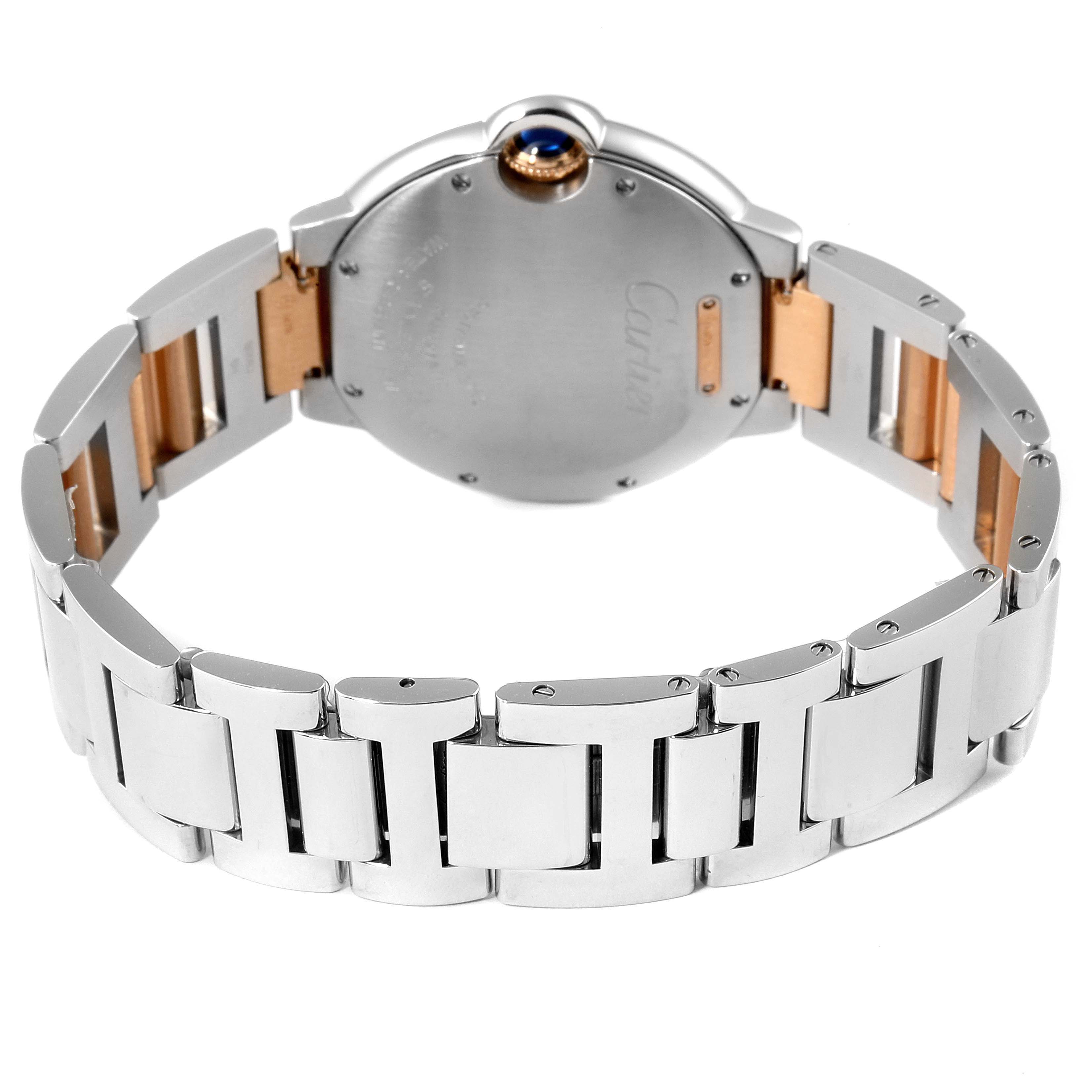 This image shows the back case and bracelet of a Cartier Ballon Bleu W2BB0003 Women
s Steel and Gold (two tone) Silver Dial W2BB0003 Women
s Steel and Gold (two tone) Silver Dial watch from a rear angle.