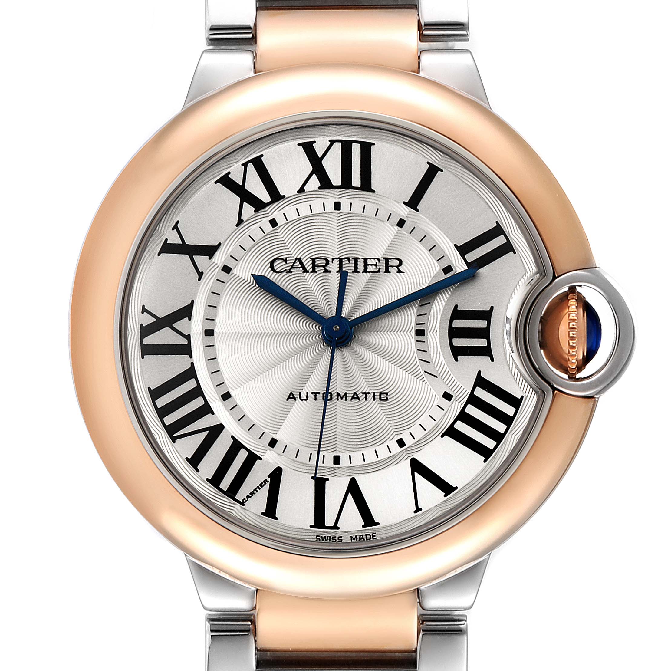 The image shows a front view of the Cartier Ballon Bleu W2BB0003 Women
s Steel and Gold (two tone) Silver Dial W2BB0003 Women
s Steel and Gold (two tone) Silver Dial watch, highlighting its round face, Roman numerals, and distinctive crown.