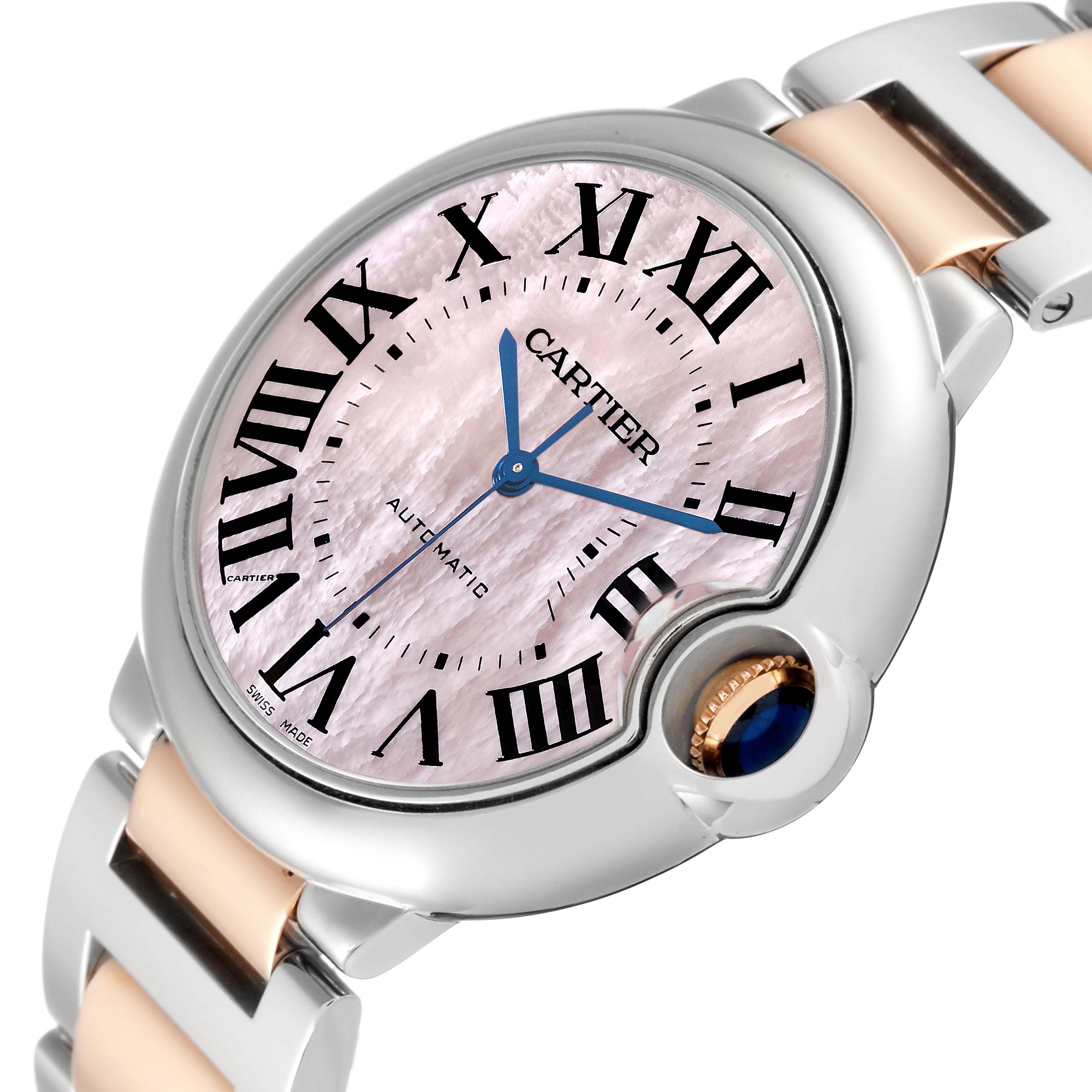 This image shows a close-up of the Ballon Bleu de Cartier watch face and part of the band.