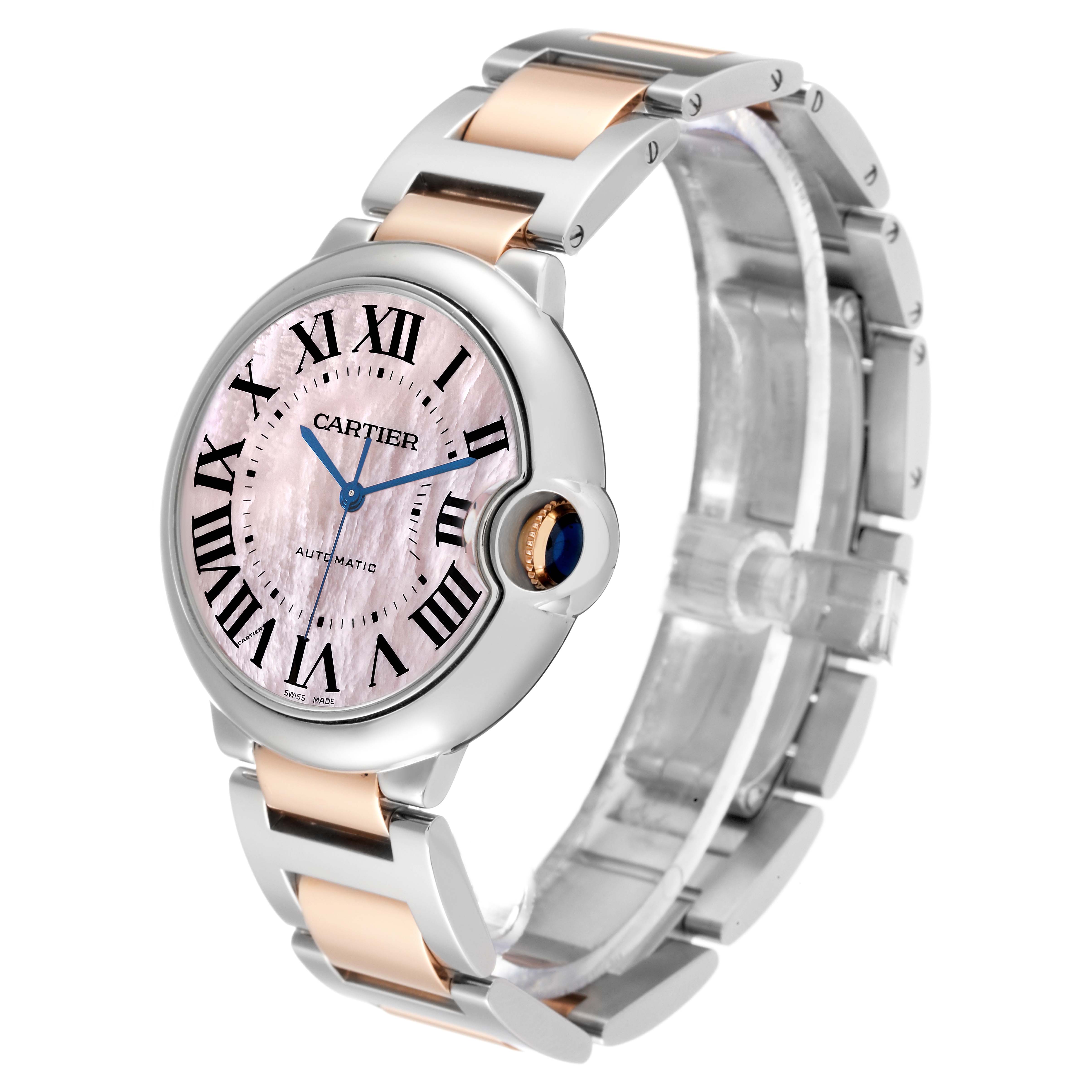 The Cartier Ballon Bleu W6920033 Women's Stainless Steel Mother of Pearl Dial W6920033 Women's Stainless Steel Mother of Pearl Dial watch is shown at a high-angle, revealing the face, bezel, crown, and part of its metal bracelet.