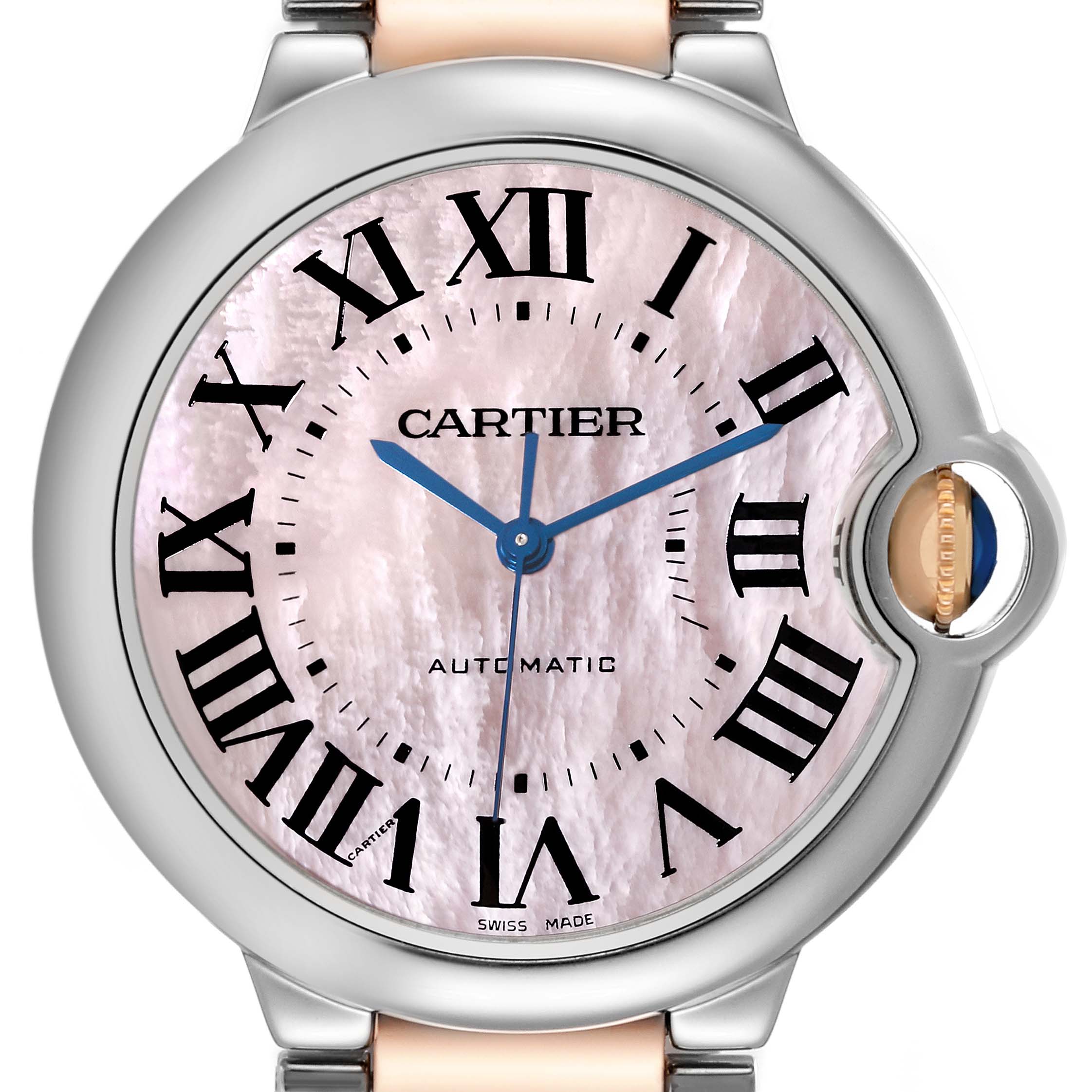 The image shows a front view of the Ballon Bleu model by Cartier, highlighting the dial, Roman numerals, and blue hands.