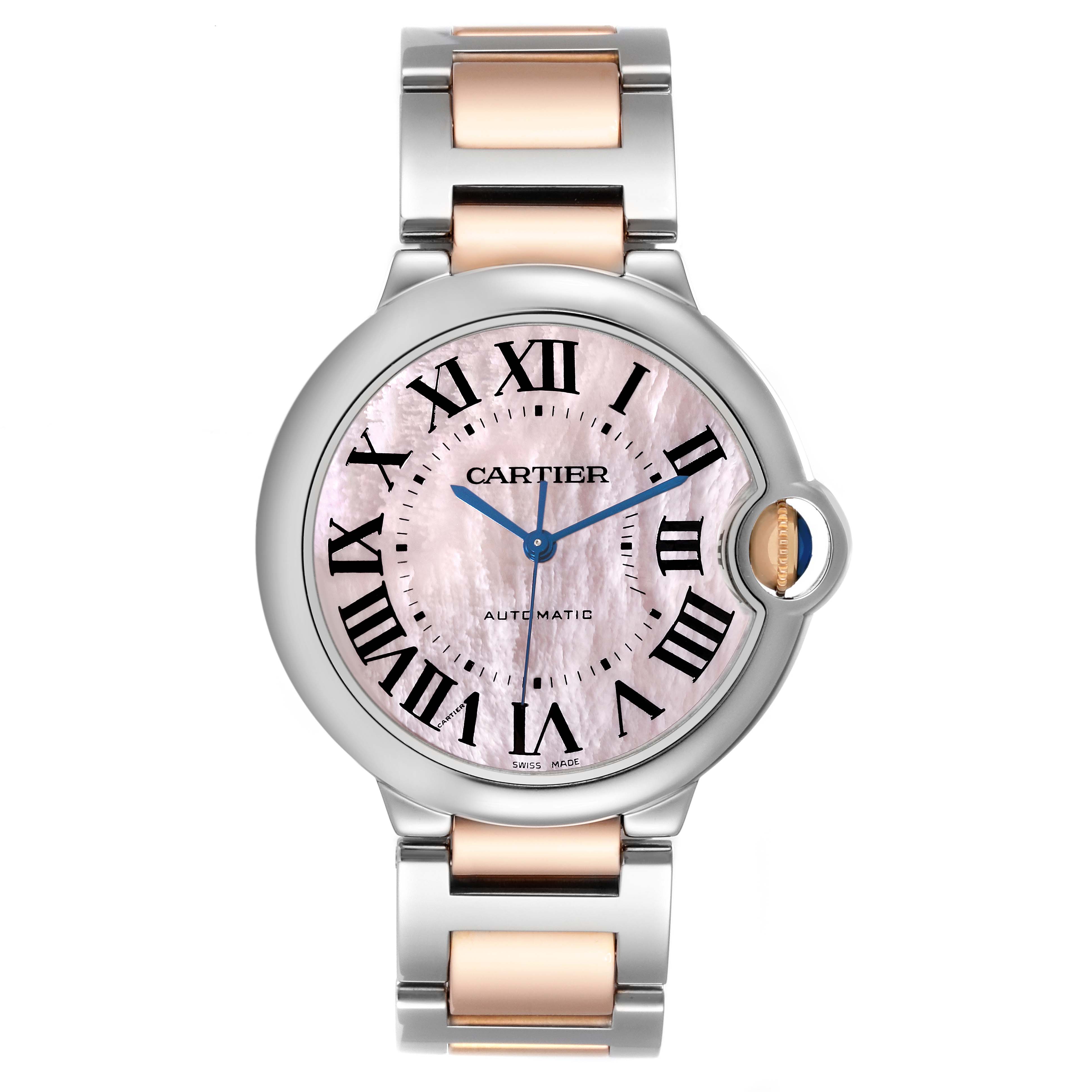 This image shows a front view of the Cartier Ballon Bleu W6920033 Women's Stainless Steel Mother of Pearl Dial W6920033 Women's Stainless Steel Mother of Pearl Dial watch, highlighting its face, bracelet, and Roman numeral markers.