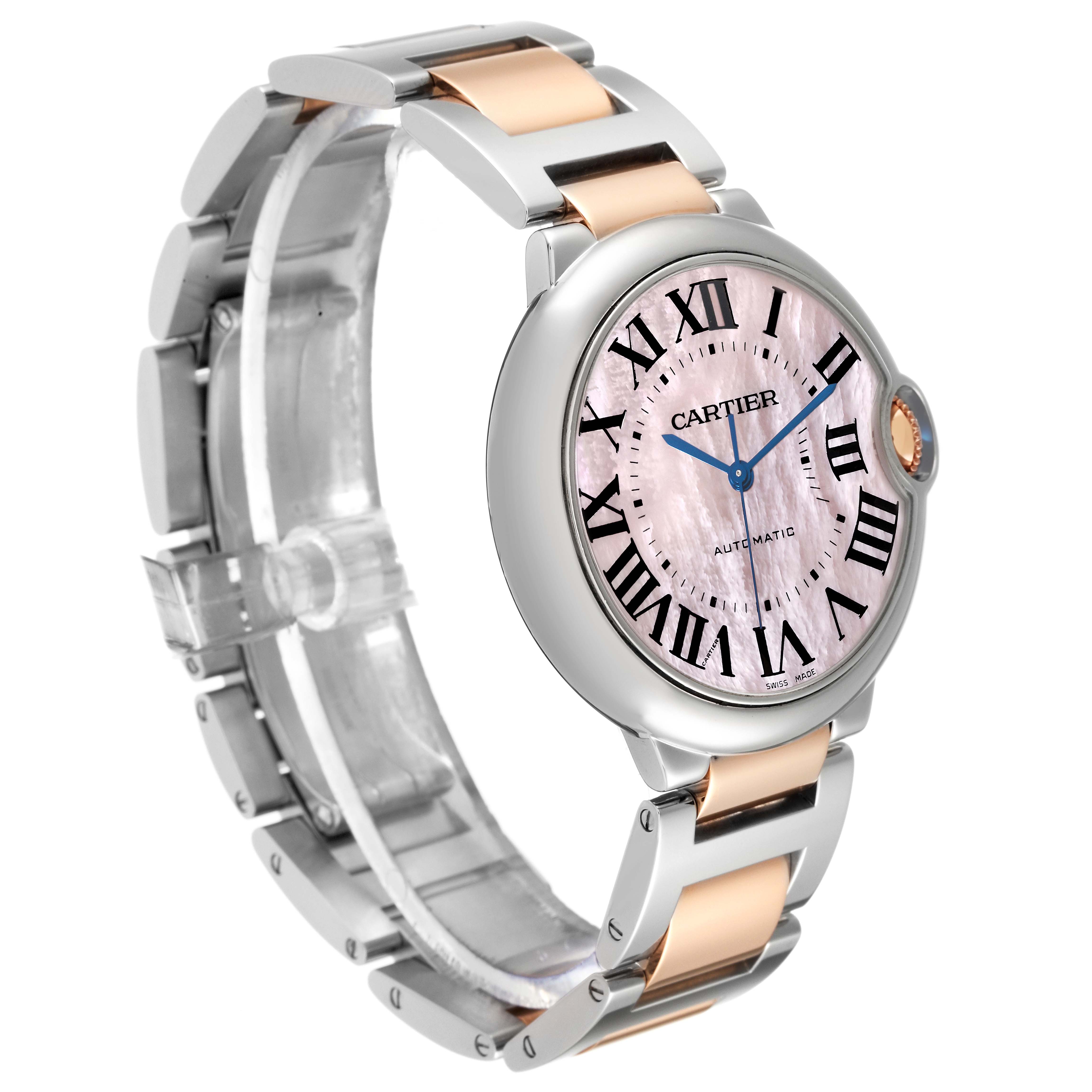 The image shows a Cartier Ballon Bleu W6920033 Women's Stainless Steel Mother of Pearl Dial W6920033 Women's Stainless Steel Mother of Pearl Dial watch at an angle displaying the dial, Roman numerals, and a two-tone bracelet.
