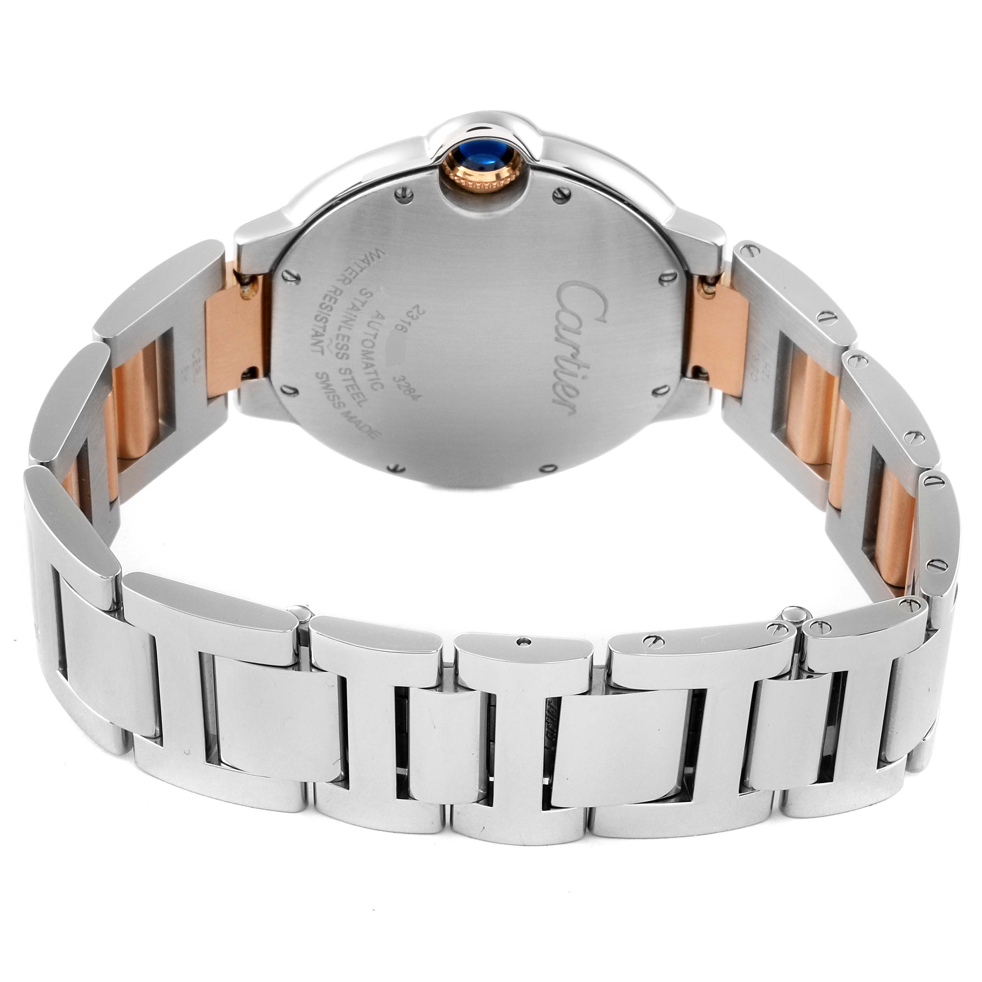 The image shows the back of a Cartier Ballon Bleu W6920033 Women's Stainless Steel Mother of Pearl Dial W6920033 Women's Stainless Steel Mother of Pearl Dial watch and its metal bracelet at an angled rear view.