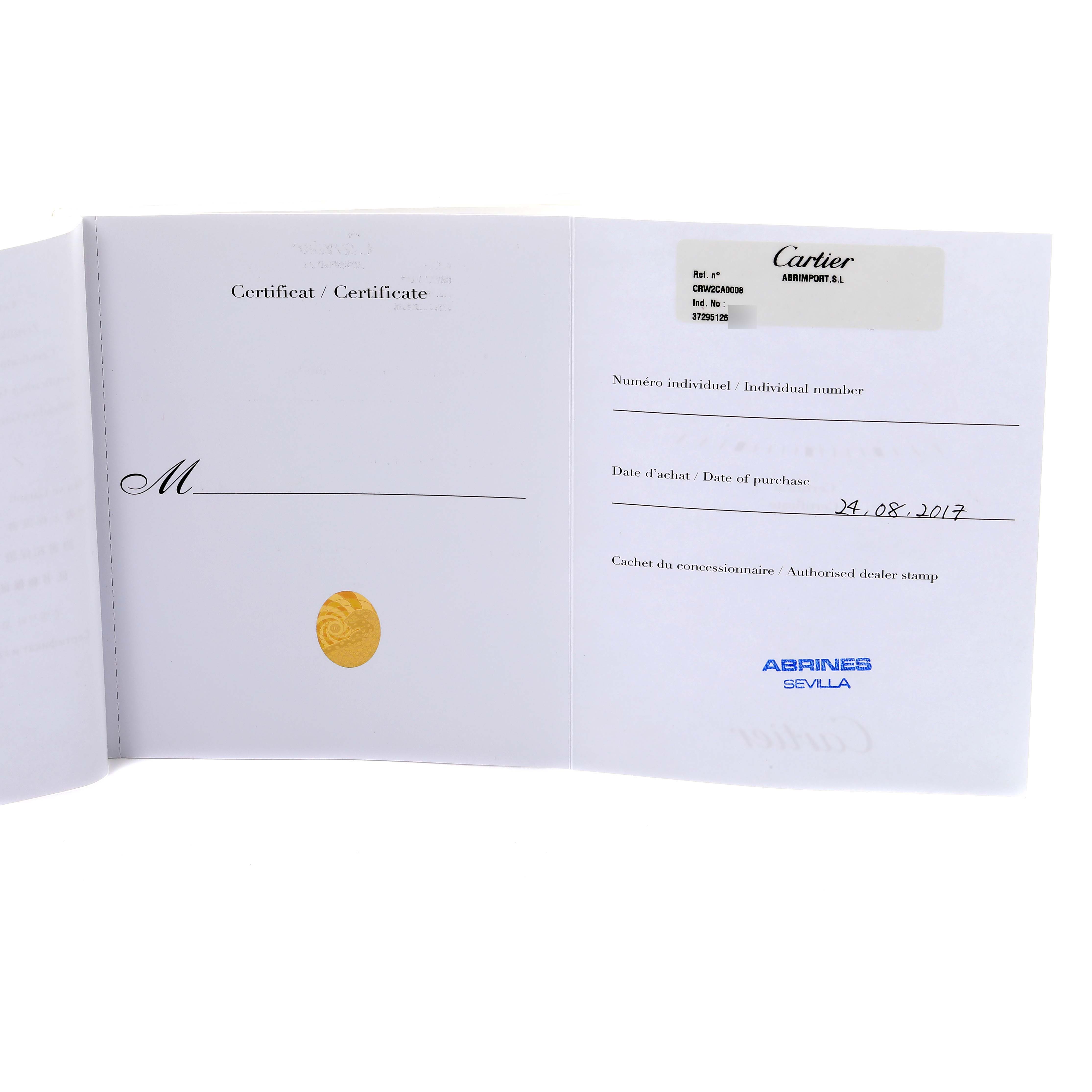 This image shows the certificate for the Calibre de Cartier watch by Cartier.