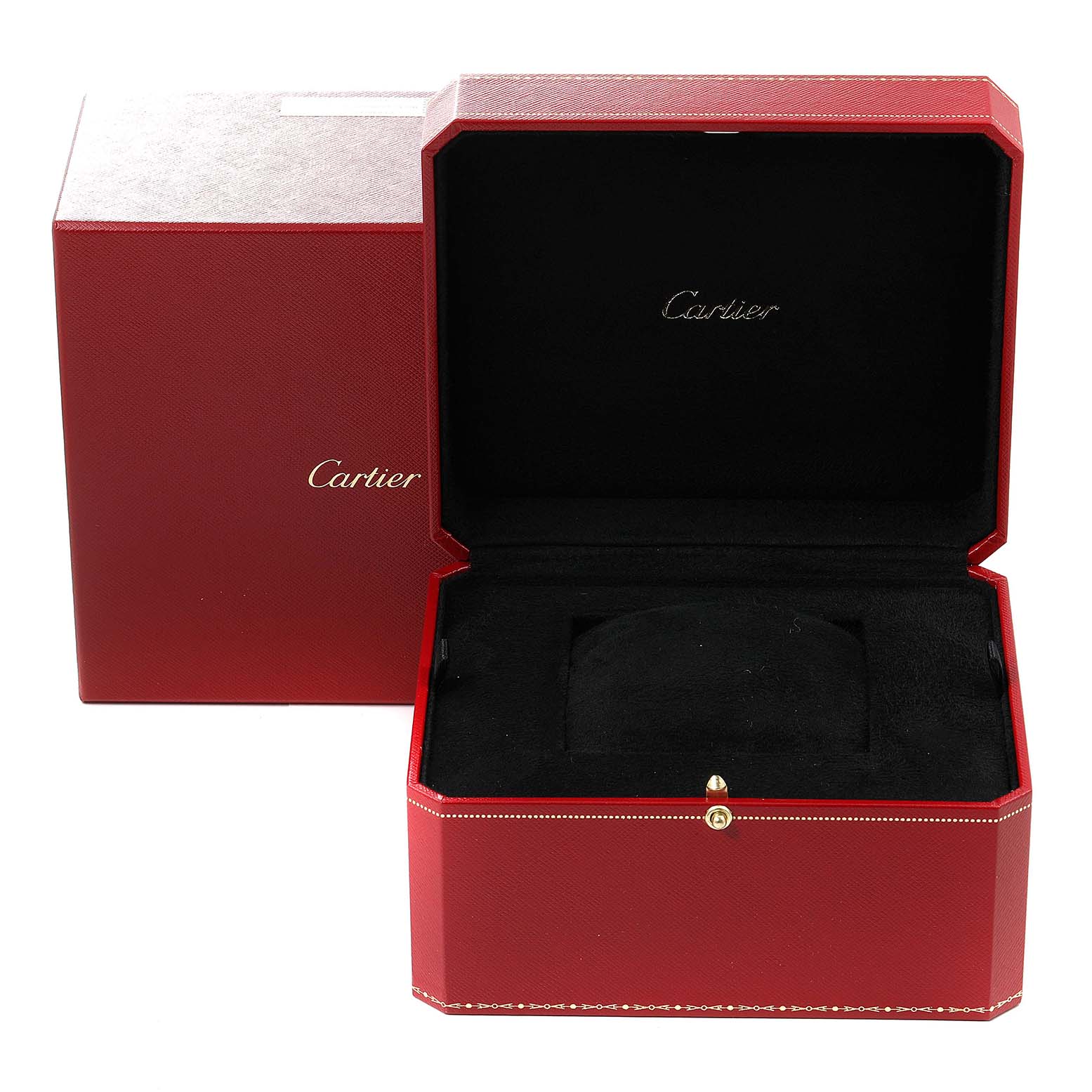 The image shows an open red watch box and an external box for the Calibre de Cartier model by Cartier.