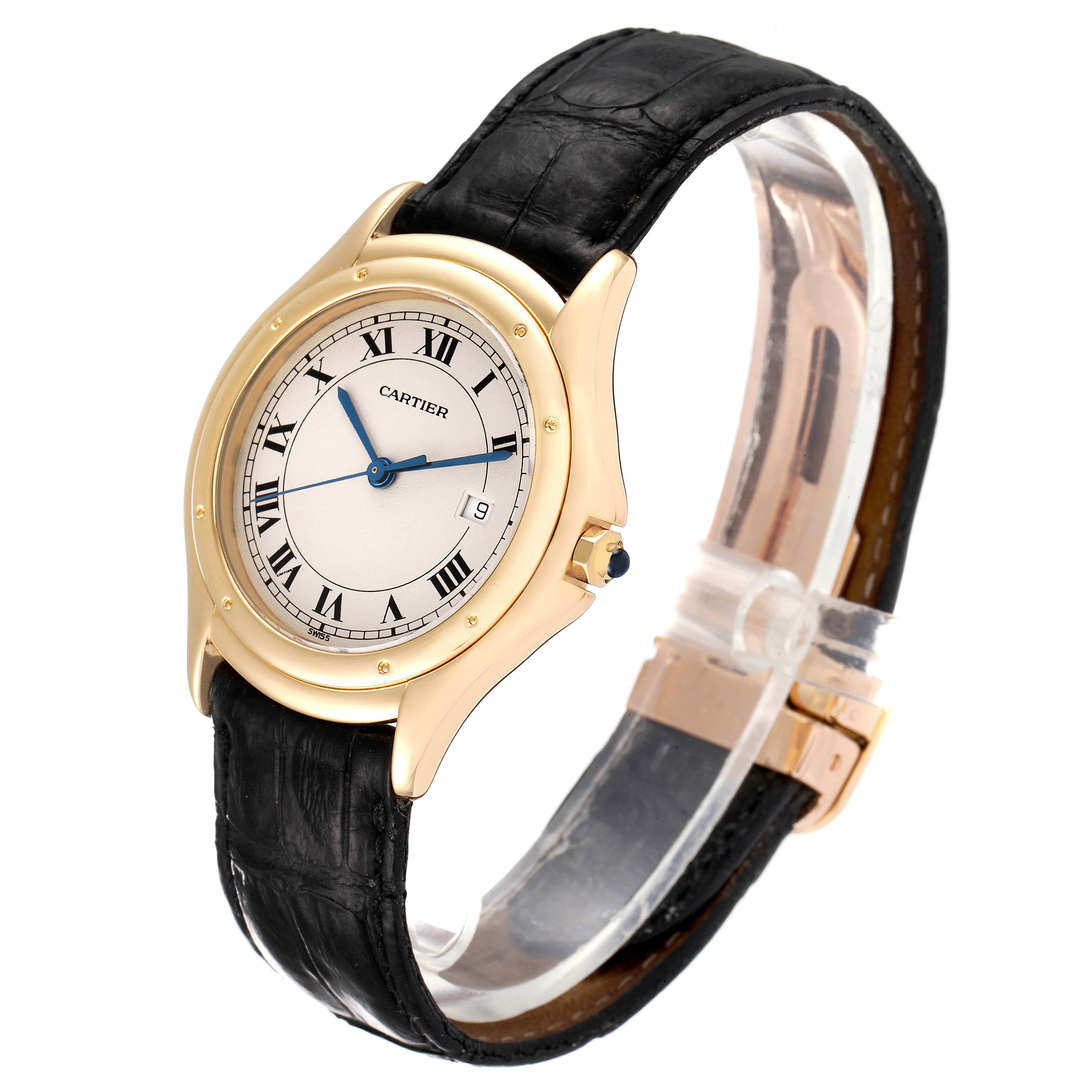 This image shows the Panthere model by Cartier from an angled top-down view, highlighting the face, bezel, and strap.