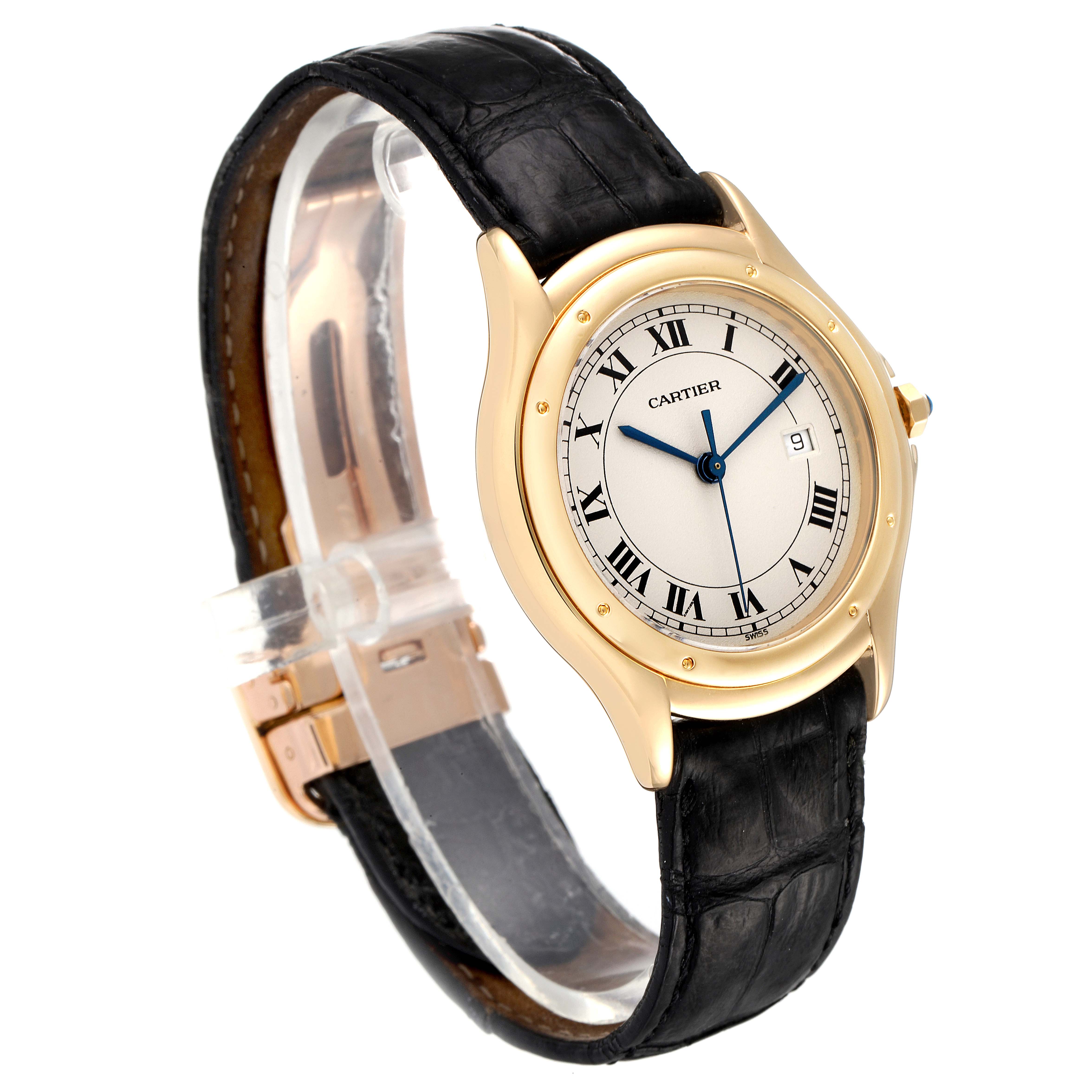 This image shows a side angle of the Cartier Panthere 887904 Women's Yellow Gold Silver Dial 887904 Women's Yellow Gold Silver Dial watch, featuring its black leather strap and gold case with Roman numerals.