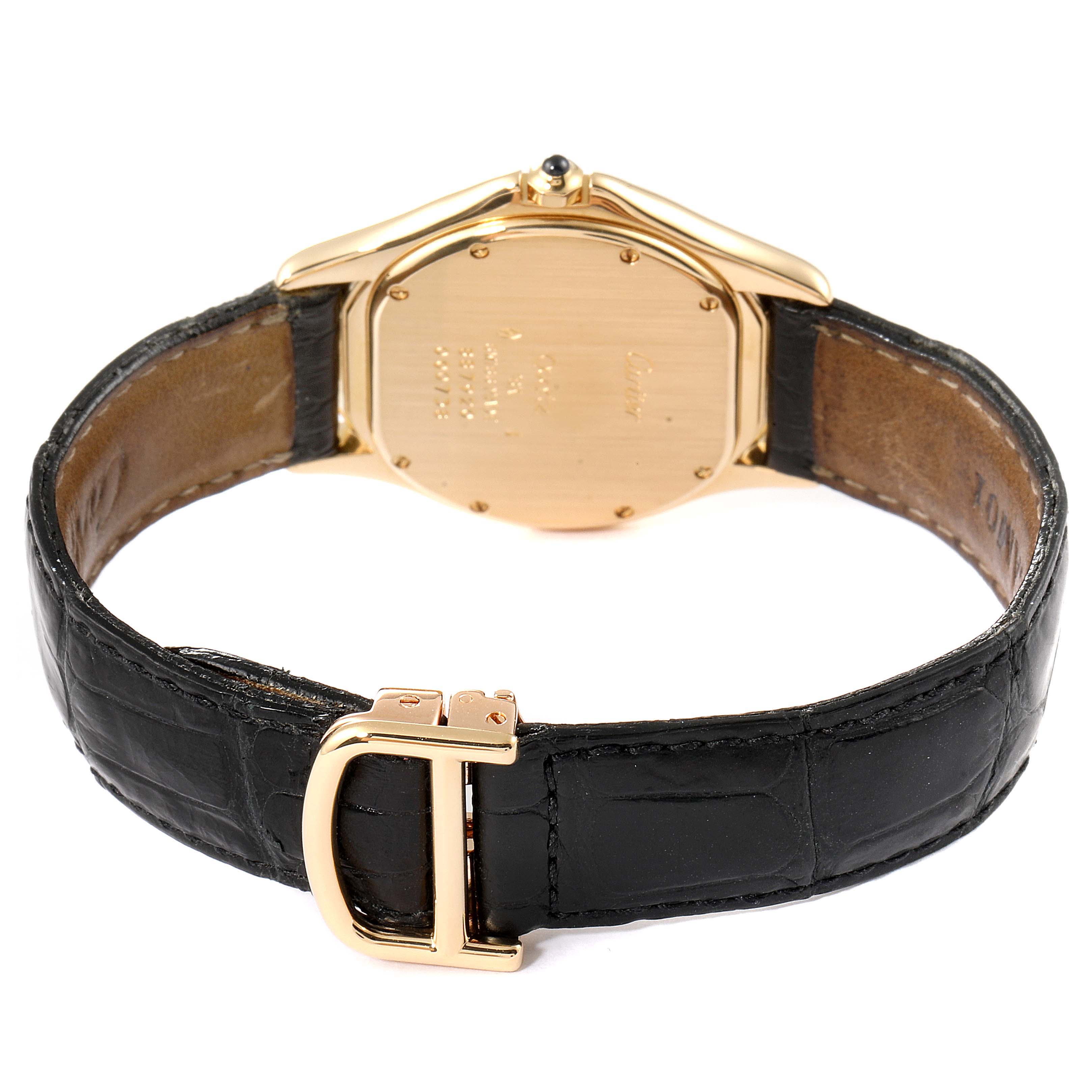 The image shows the back view of a Cartier Panthere 887904 Women's Yellow Gold Silver Dial 887904 Women's Yellow Gold Silver Dial watch, highlighting the case back and black leather strap with a gold clasp.