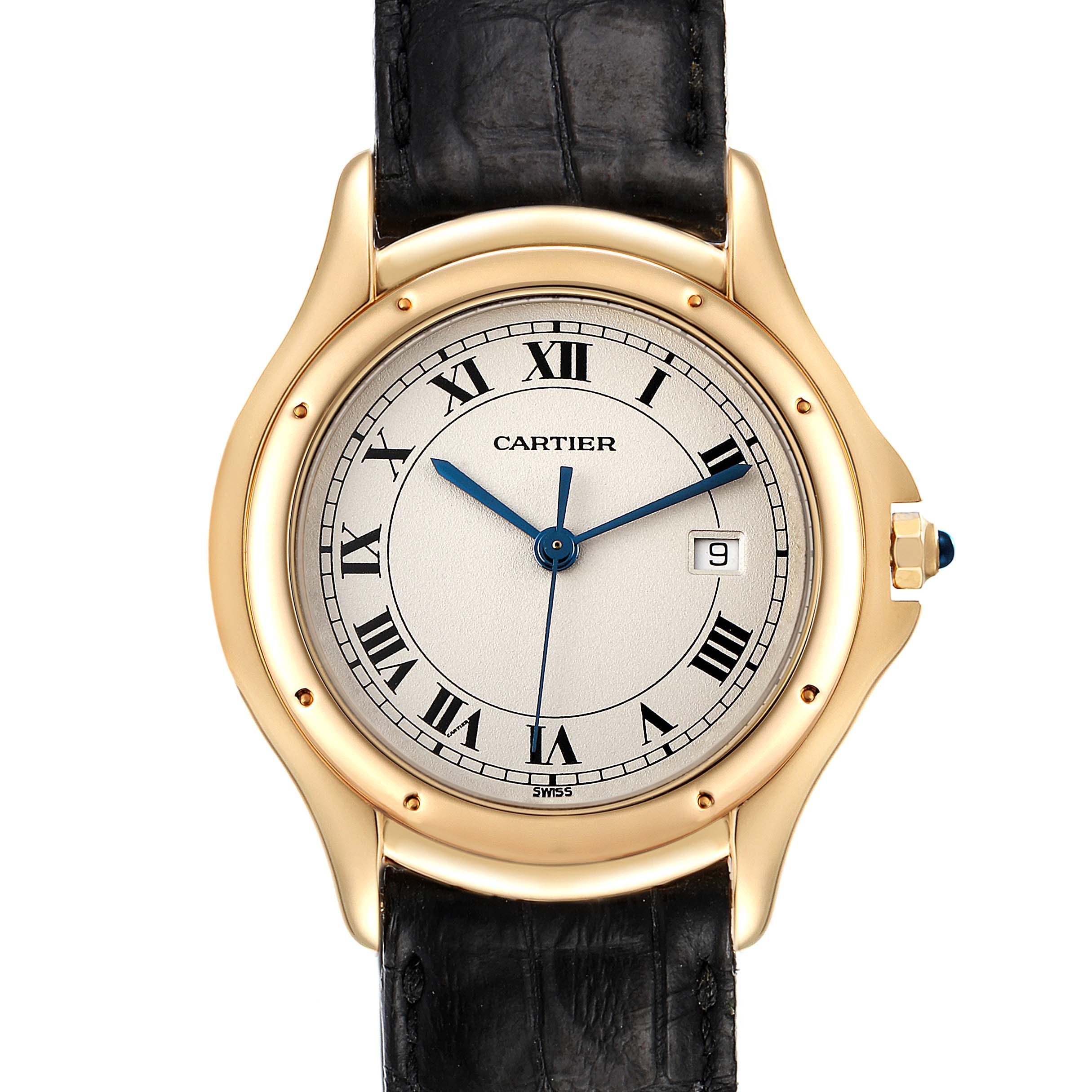 This is a front view of a Cartier Panthere 887904 Women's Yellow Gold Silver Dial 887904 Women's Yellow Gold Silver Dial watch, showing the dial, case, and part of the leather strap.