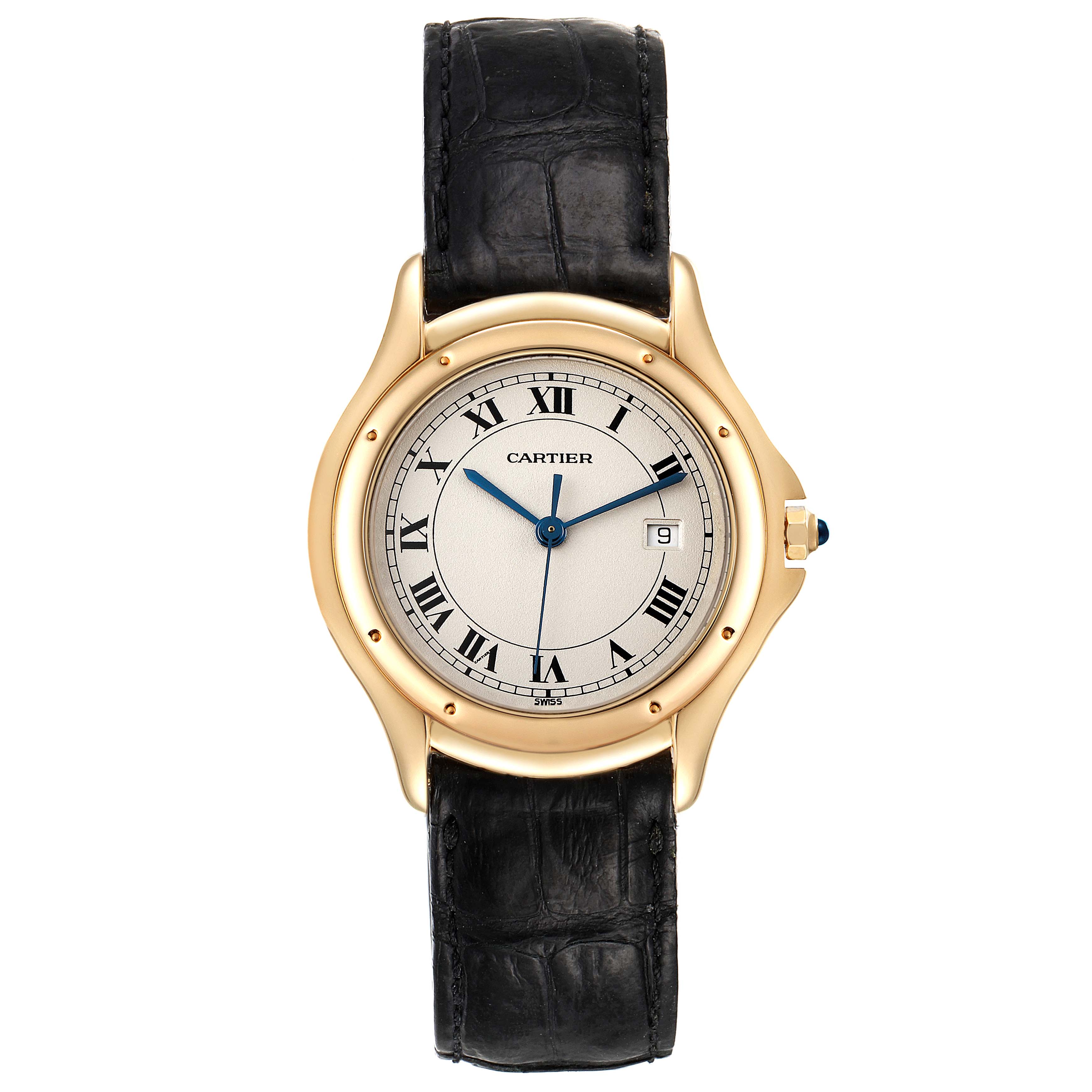 The image shows a straight-on view of the Panthere model by Cartier, featuring the face, bezel, and leather strap.