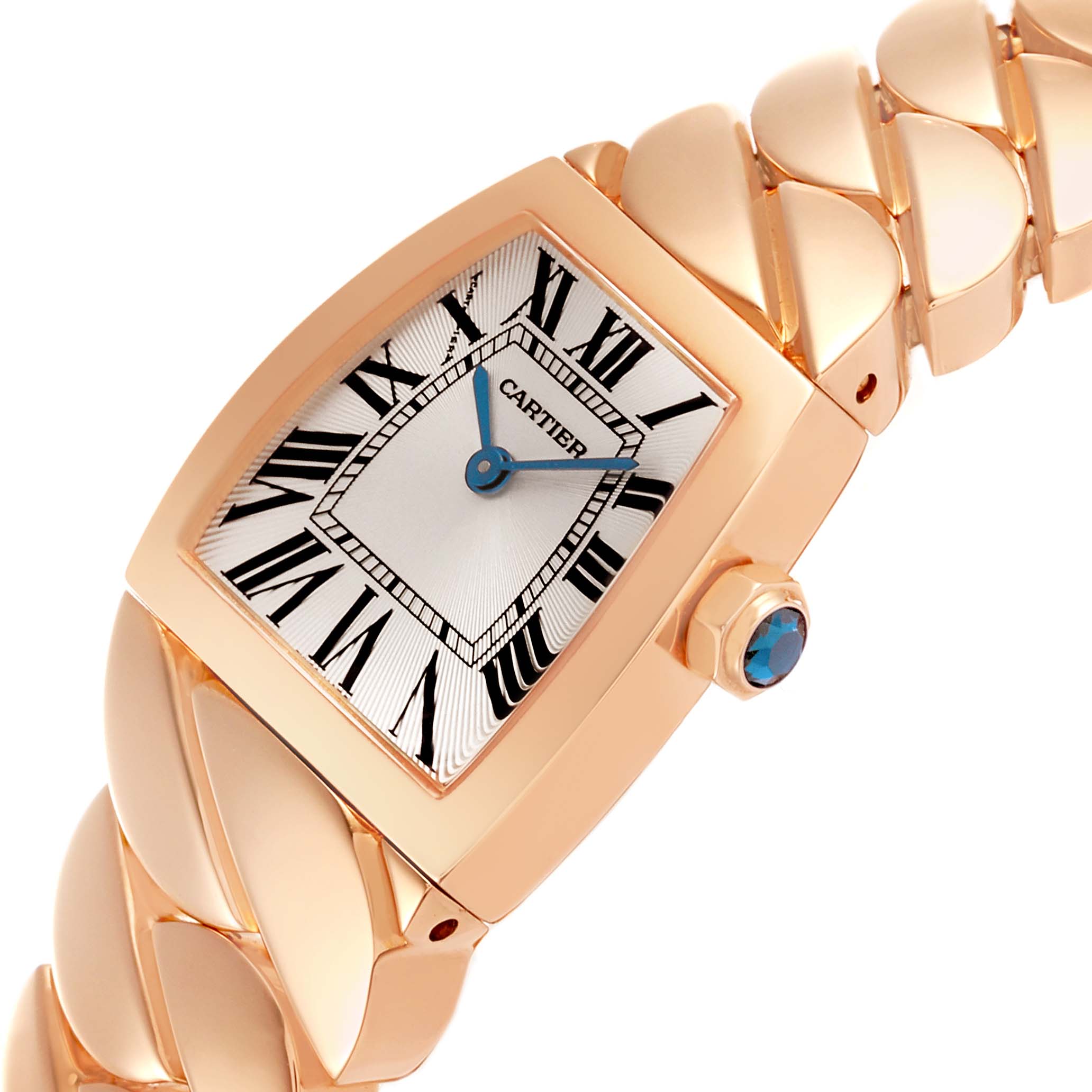 The image shows a La Dona by Cartier watch at an angled view highlighting the face, side profile, and bracelet.