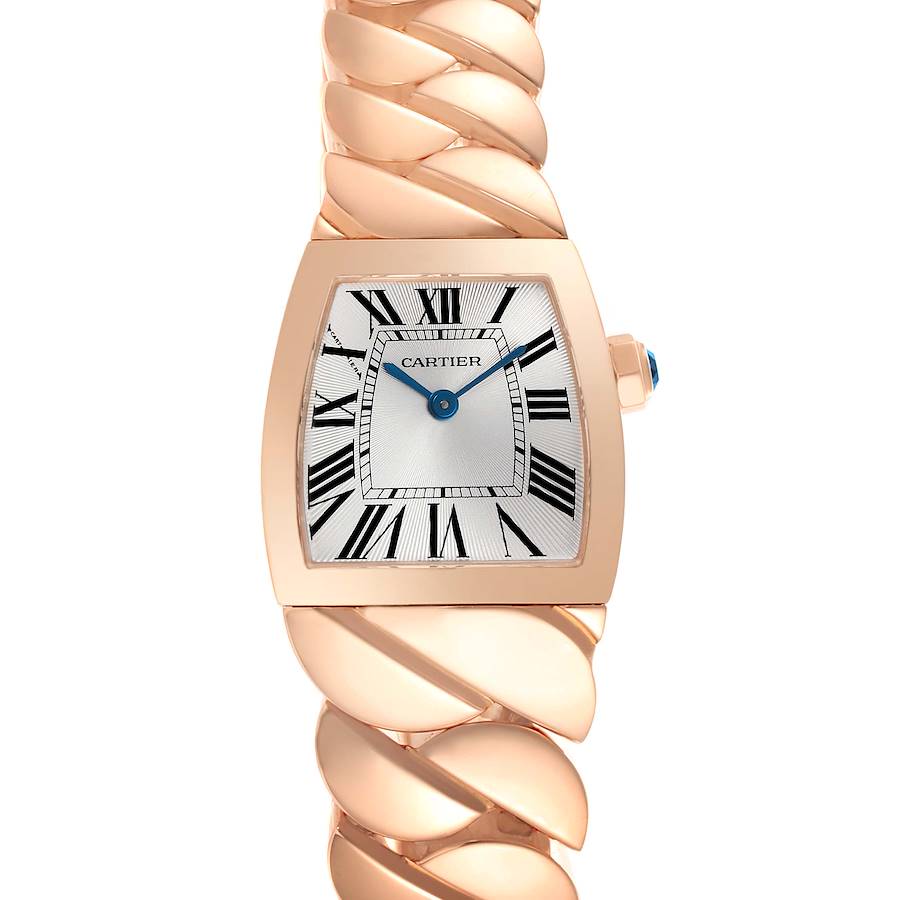 The image shows a front view of the Cartier La Dona watch, highlighting its dial and unique band design.