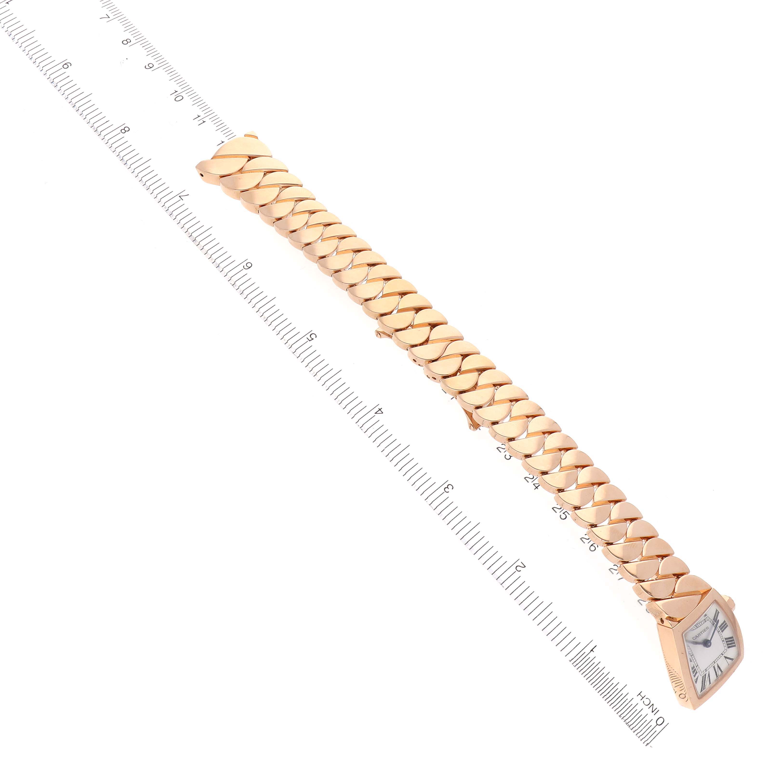 The Cartier La Dona W6400301 Women
s Rose Gold Silver Dial W6400301 Women
s Rose Gold Silver Dial watch is shown from a top-down angle, displaying the full bracelet and face.