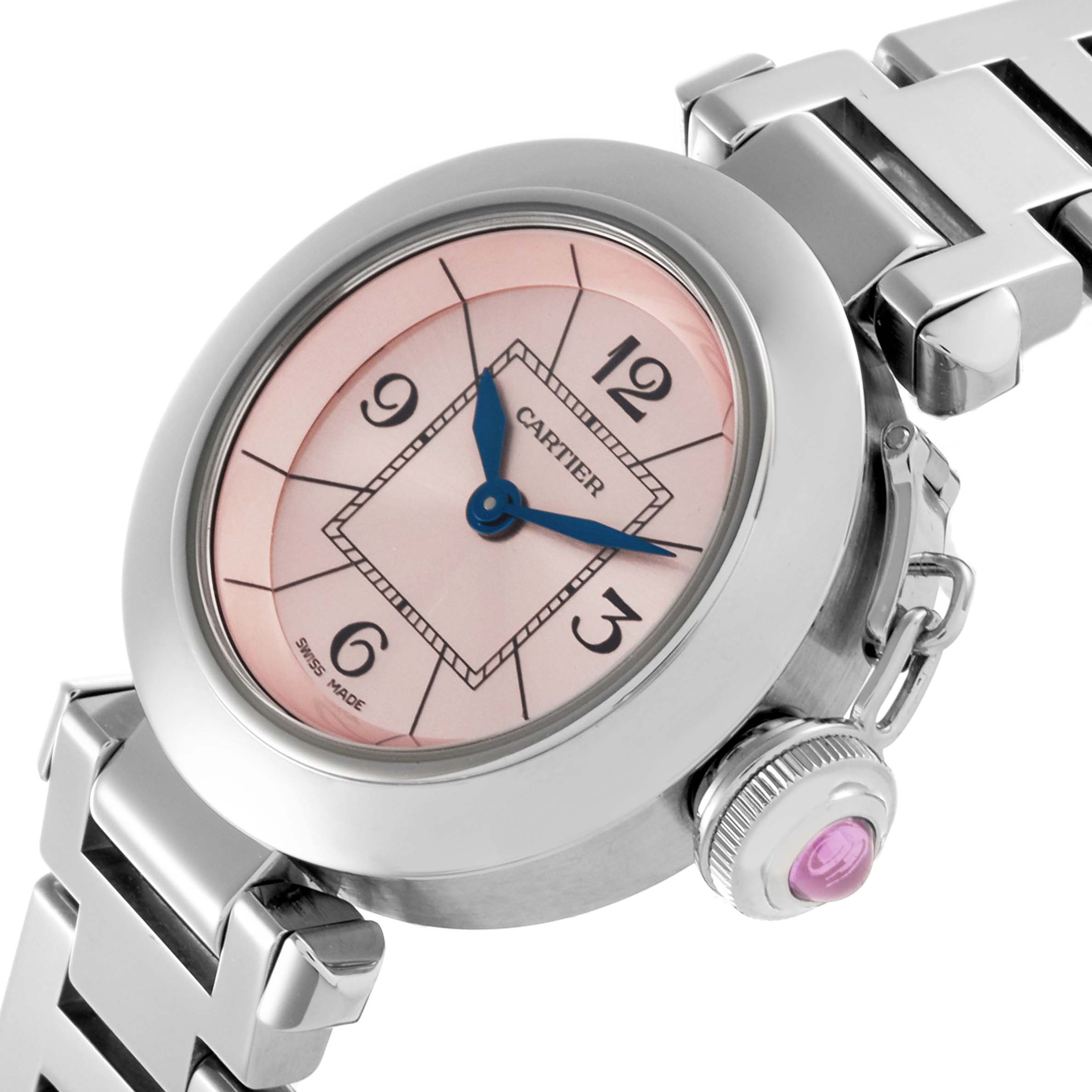 The Cartier Pasha W3140008 Women's Stainless Steel Pink Dial W3140008 Women's Stainless Steel Pink Dial watch is shown from a side angle, highlighting the dial, bracelet, and crown detail.