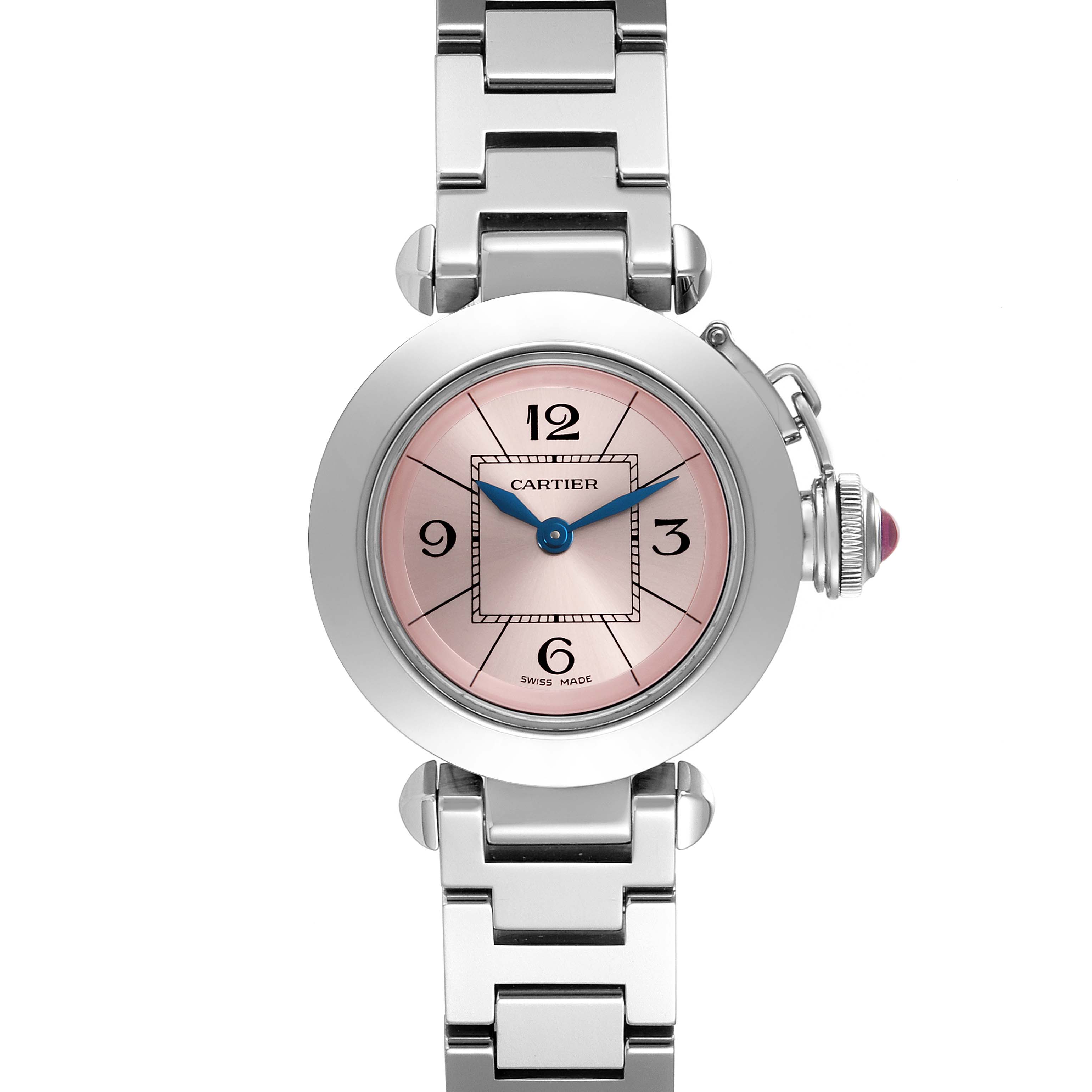 The Cartier Pasha W3140008 Women's Stainless Steel Pink Dial W3140008 Women's Stainless Steel Pink Dial watch is shown from the front, highlighting the dial, bracelet, and crown.