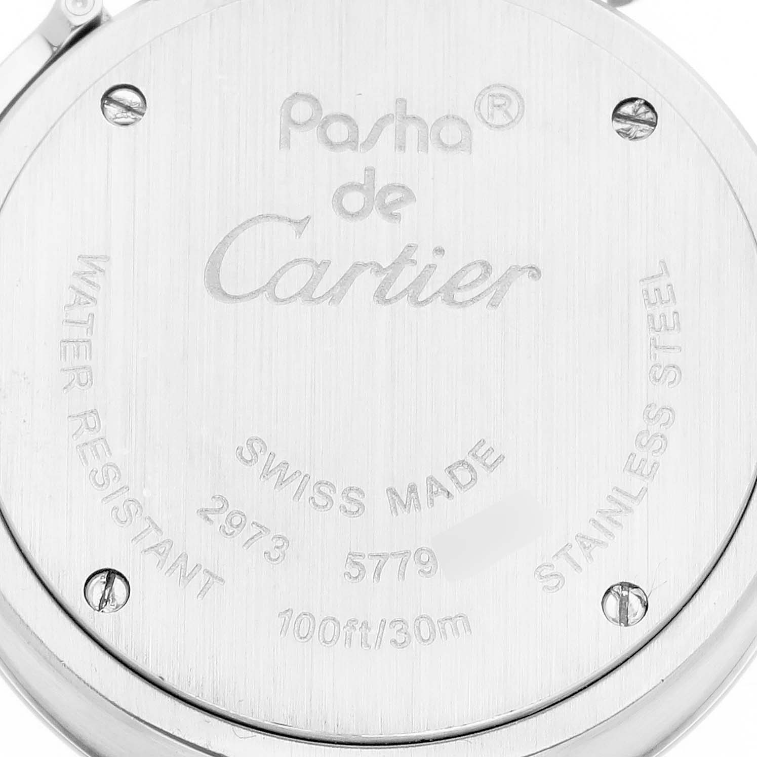 The image shows the back of a Cartier Pasha W3140008 Women's Stainless Steel Pink Dial W3140008 Women's Stainless Steel Pink Dial watch, highlighting the brand and model details.