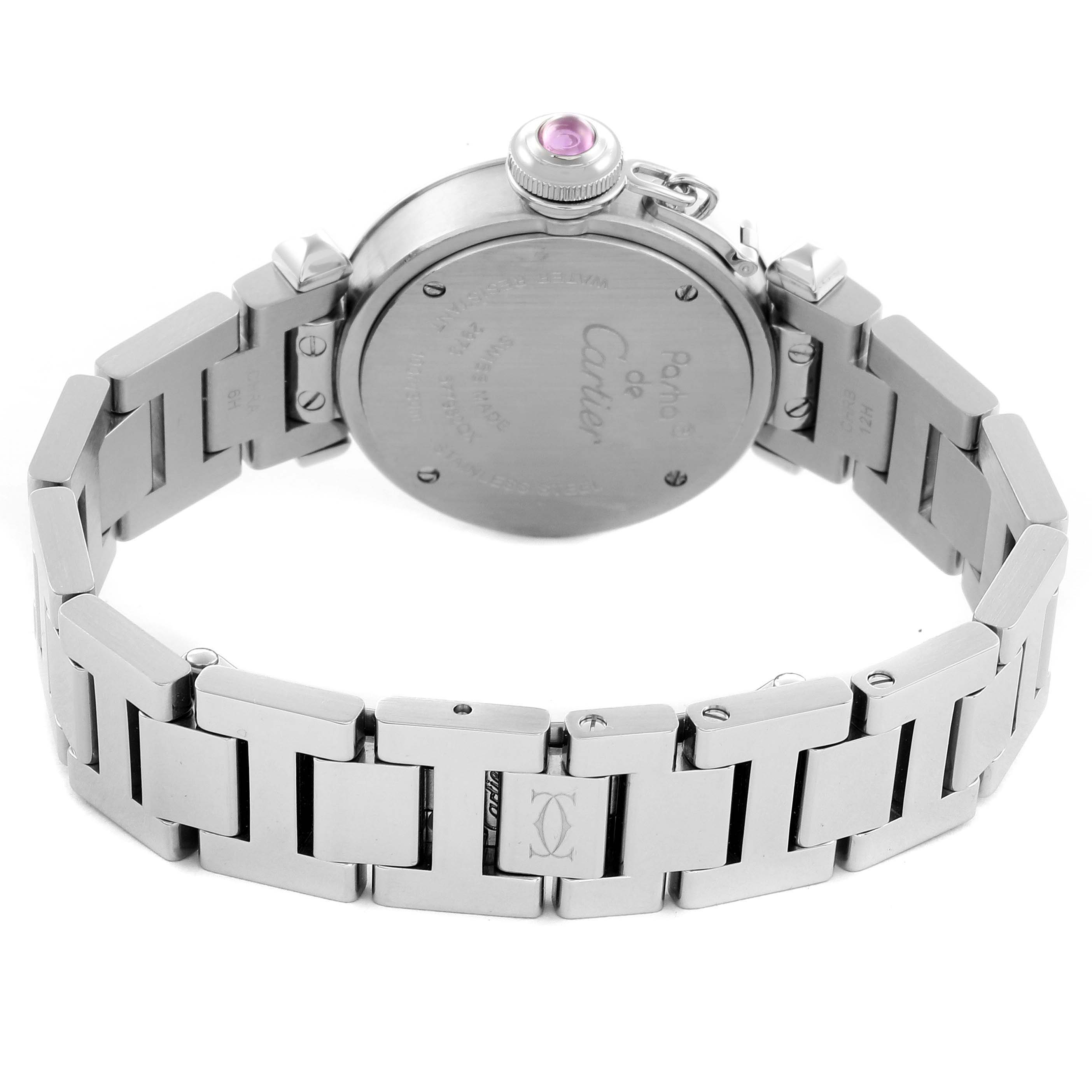 The image shows the back and bracelet of a Cartier Pasha W3140008 Women's Stainless Steel Pink Dial W3140008 Women's Stainless Steel Pink Dial watch, highlighting the case back and metal links.