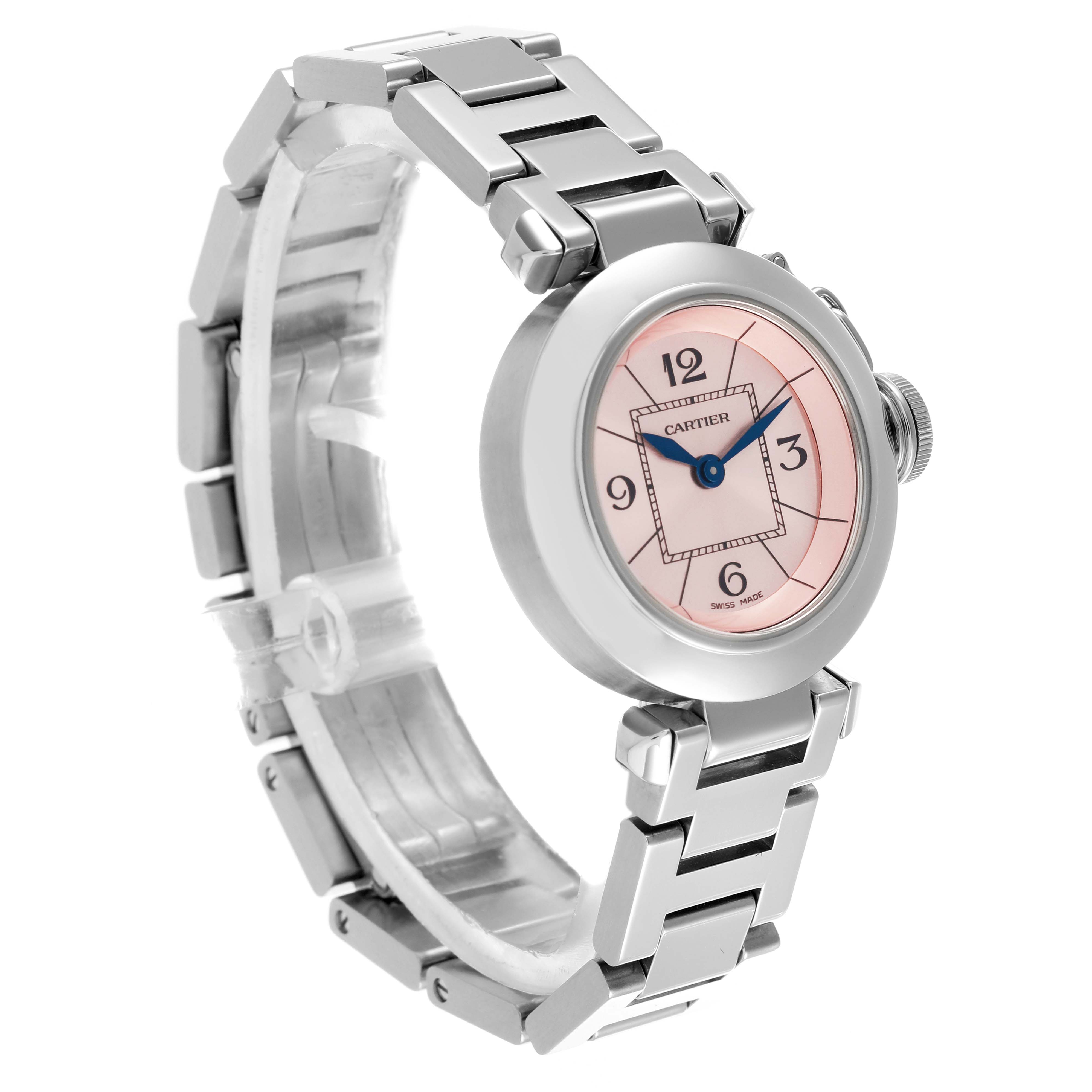 This image shows the Cartier Pasha W3140008 Women's Stainless Steel Pink Dial W3140008 Women's Stainless Steel Pink Dial watch at a three-quarter angle, displaying the face, bezel, and part of the bracelet.