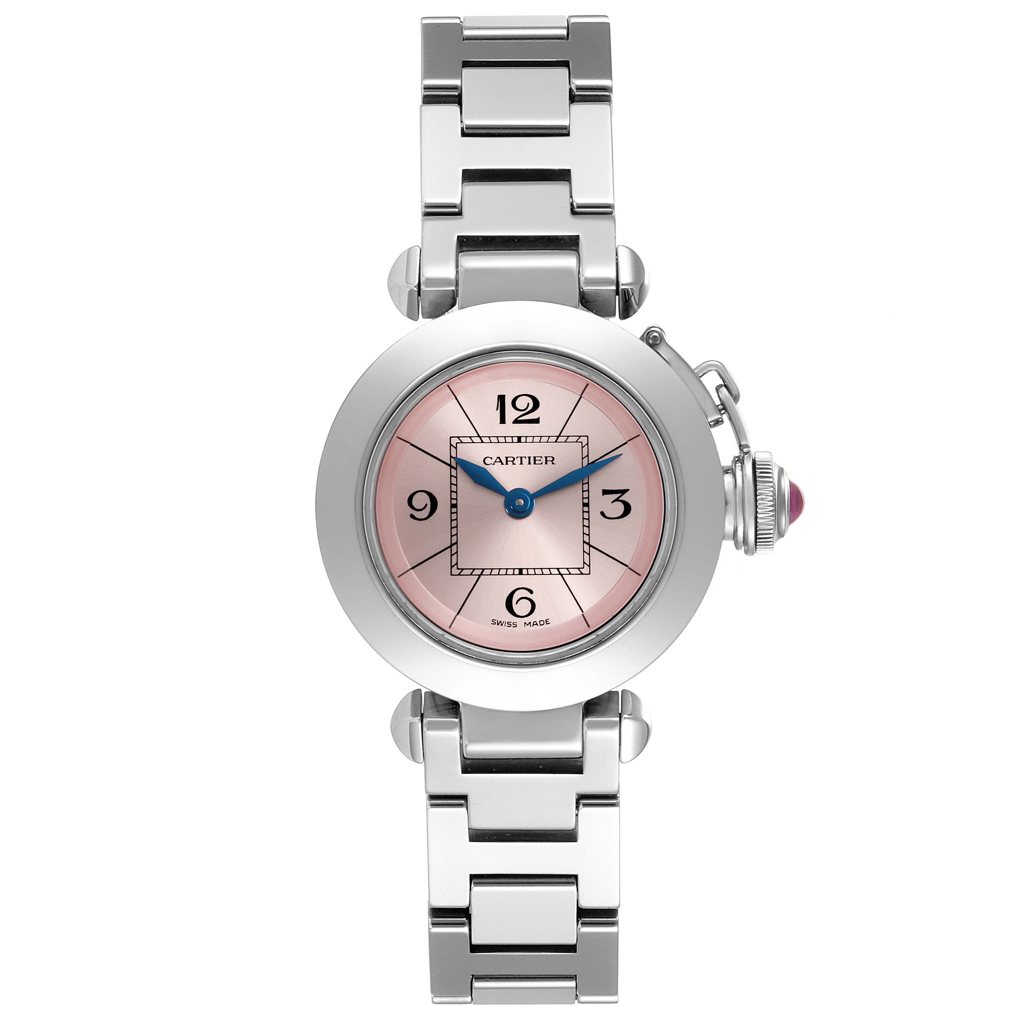 The Cartier Pasha W3140008 Women's Stainless Steel Pink Dial W3140008 Women's Stainless Steel Pink Dial watch is shown from the front, displaying its dial, crown, and metal bracelet.