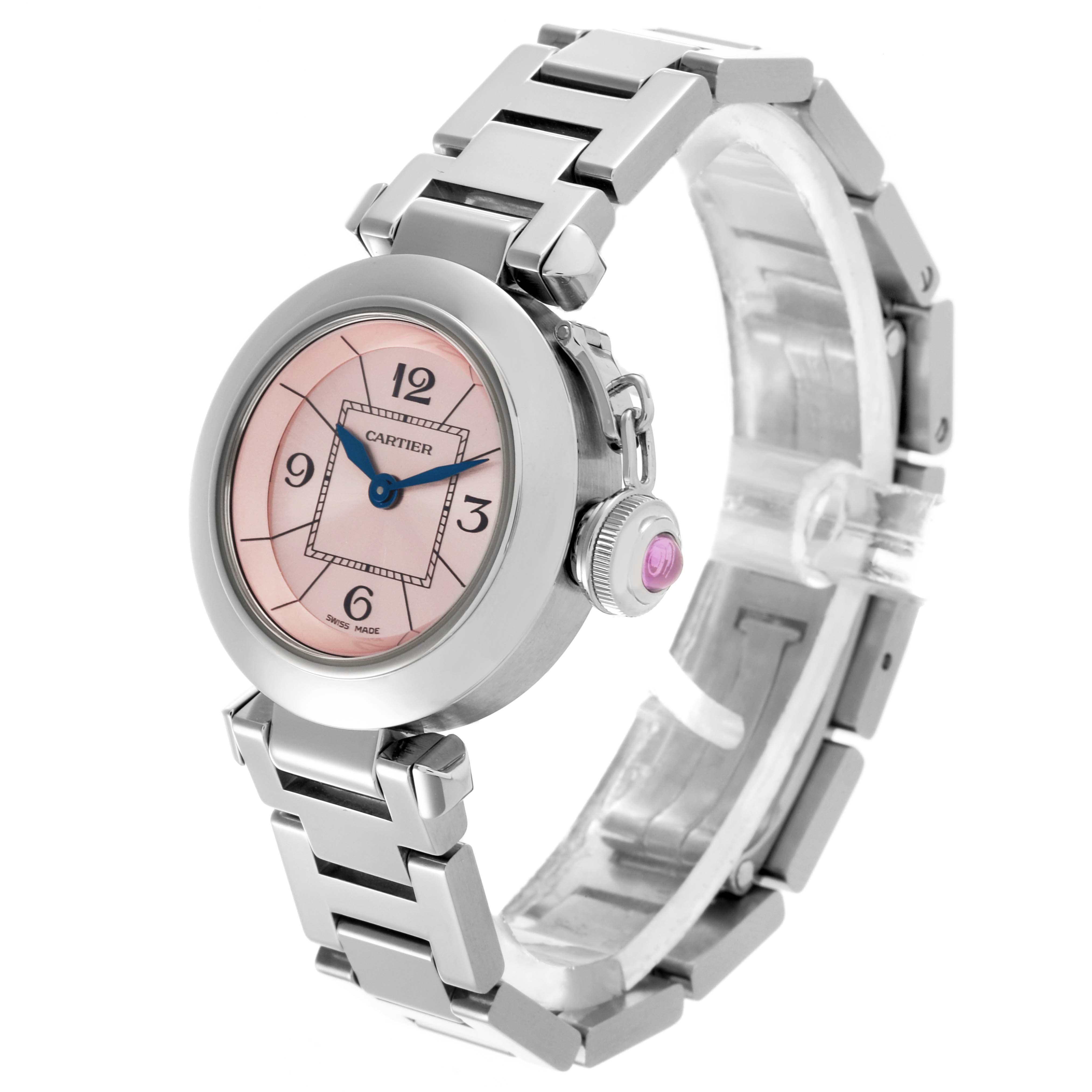 The Cartier Pasha W3140008 Women's Stainless Steel Pink Dial W3140008 Women's Stainless Steel Pink Dial watch is shown at an angle highlighting the face, crown, and bracelet.