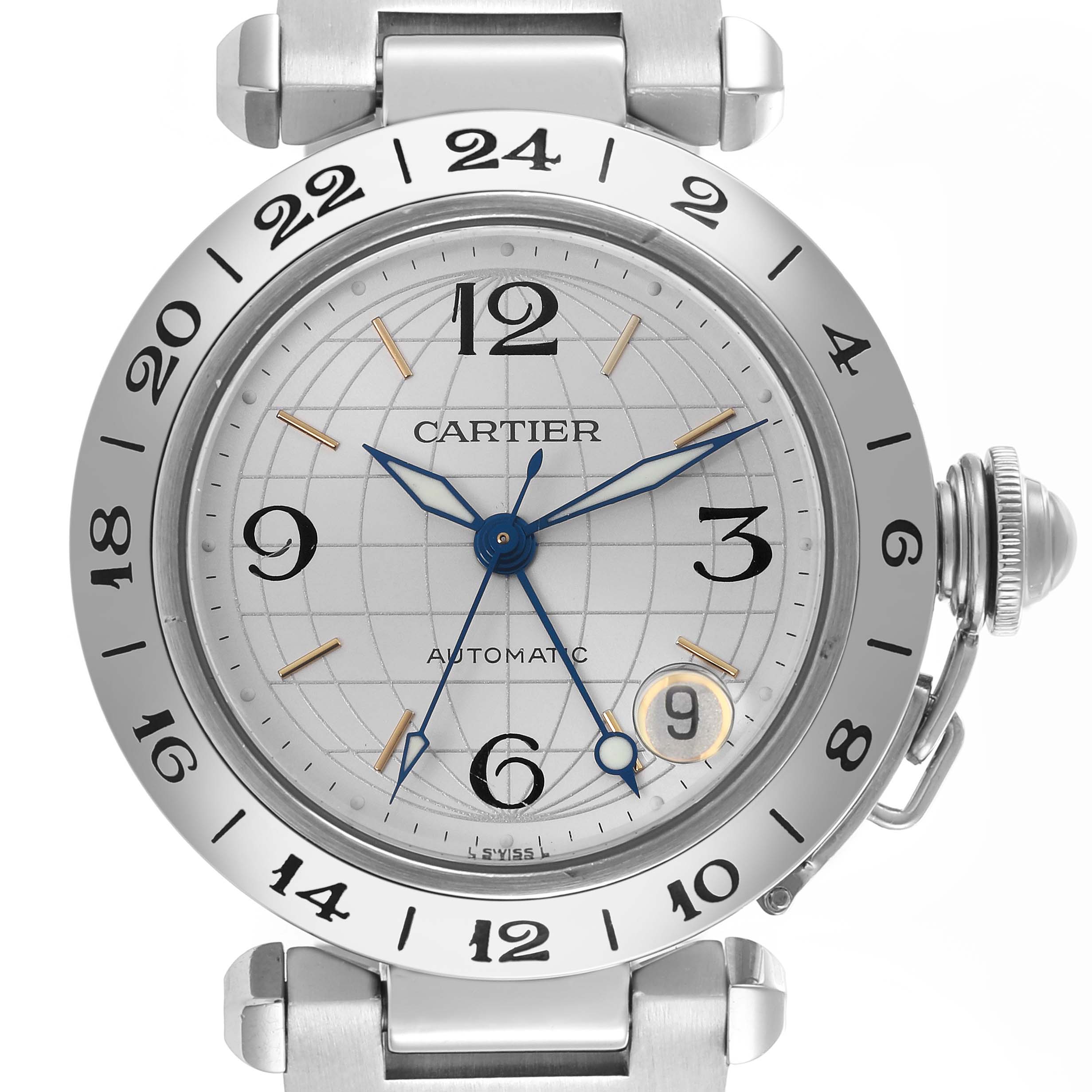 The Cartier Pasha W31078M7 Men's Stainless Steel Silver Dial W31078M7 Men's Stainless Steel Silver Dial watch is shown from the front, displaying its face, bezel, lugs, crown, and strap attachment.