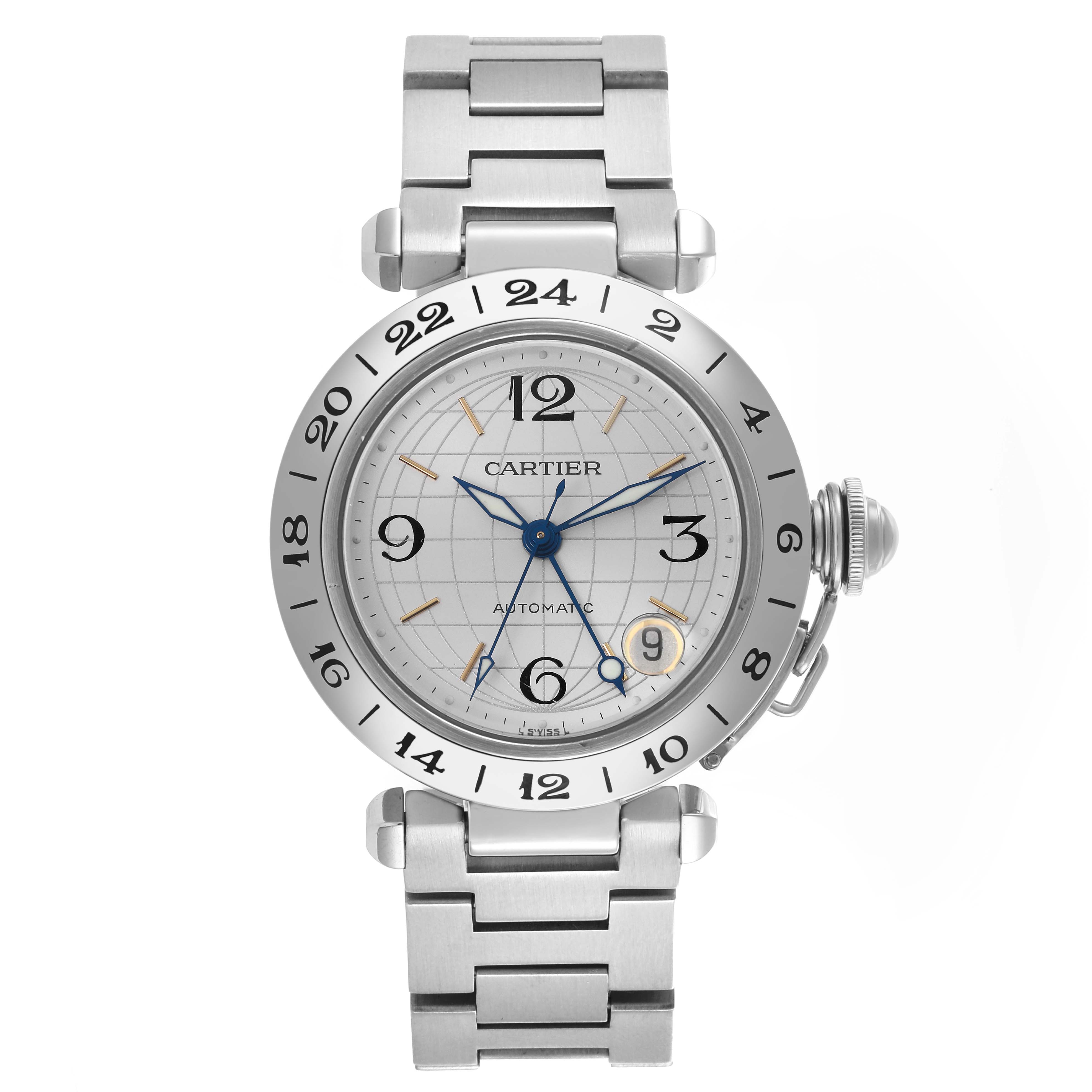 The Cartier Pasha W31078M7 Men's Stainless Steel Silver Dial W31078M7 Men's Stainless Steel Silver Dial watch is shown from a front view, displaying the face, bezel, crown, and metal bracelet.
