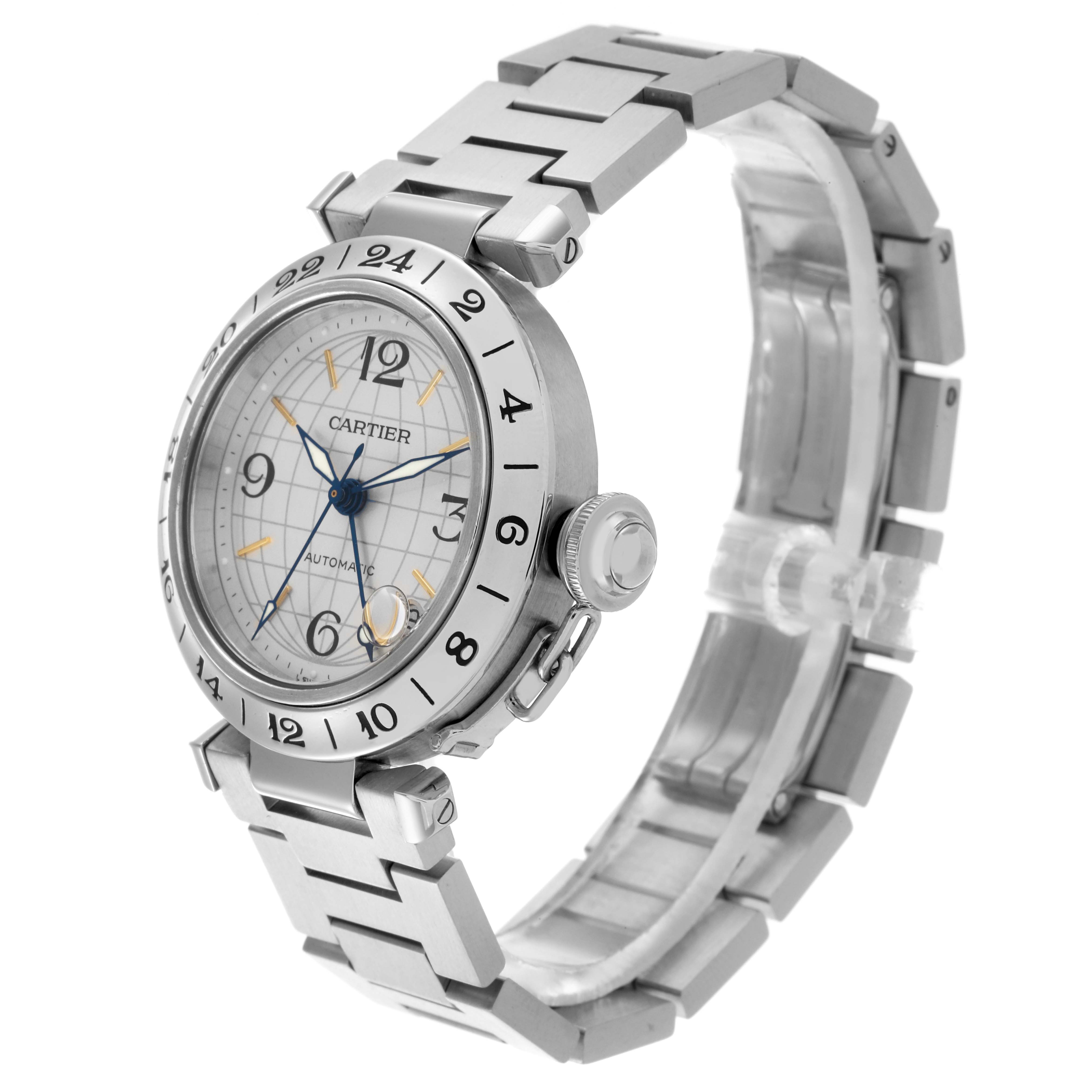 The Cartier Pasha W31078M7 Men's Stainless Steel Silver Dial W31078M7 Men's Stainless Steel Silver Dial watch is shown from a three-quarter angle, displaying its face, crown, and metal bracelet.