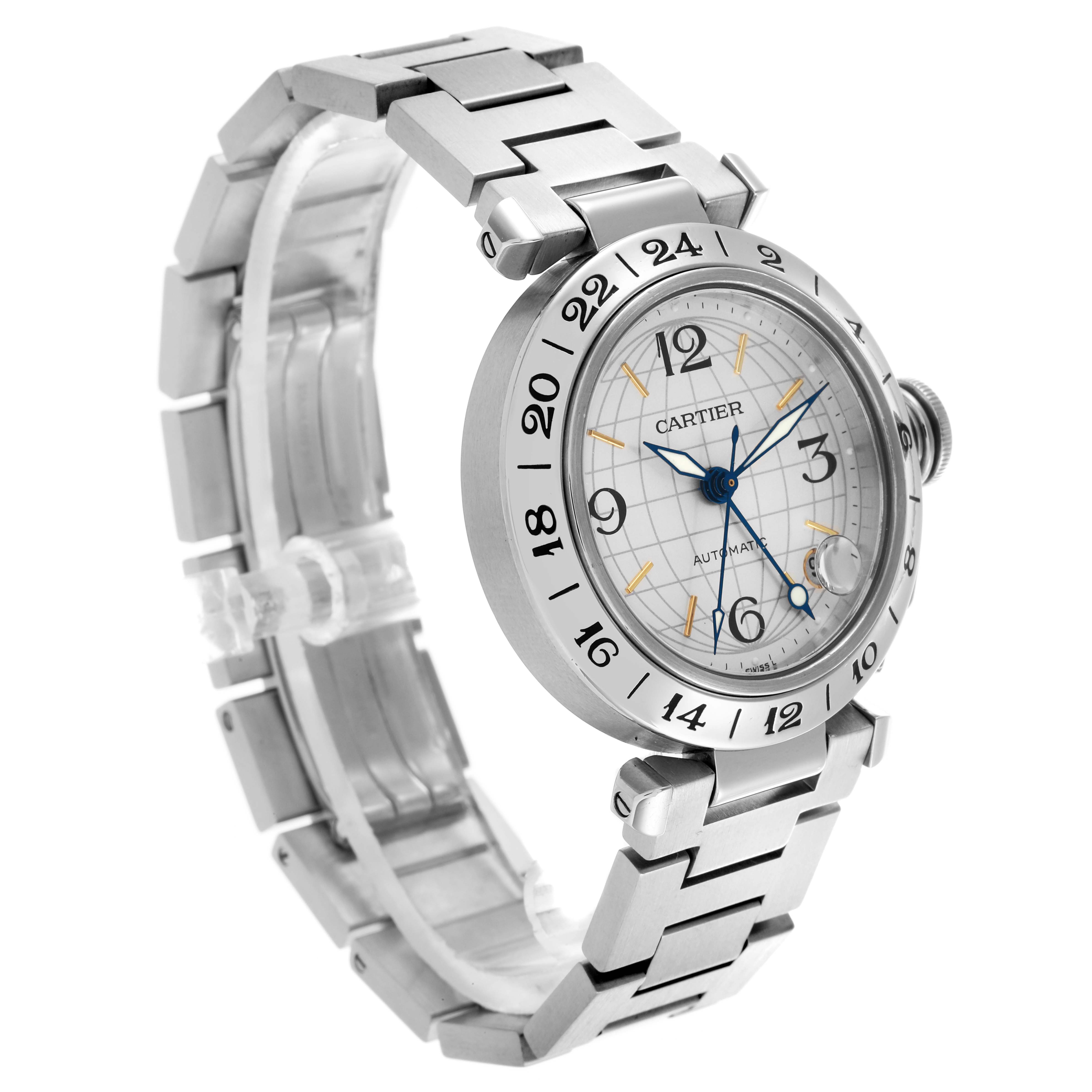 The Cartier Pasha W31078M7 Men's Stainless Steel Silver Dial W31078M7 Men's Stainless Steel Silver Dial watch is shown from a three-quarter angle, displaying the face, bezel, and stainless steel bracelet.