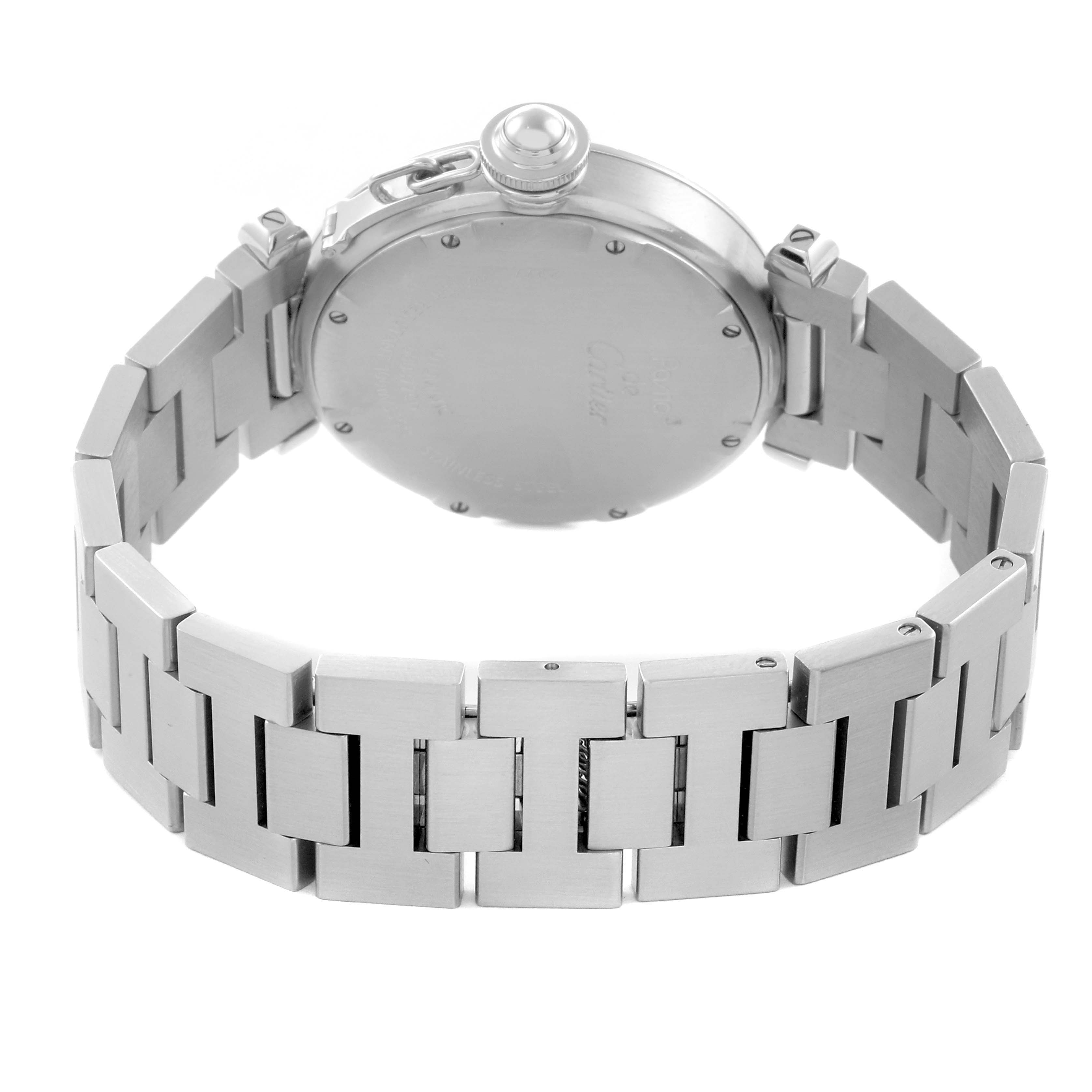 The image shows the back and bracelet of a Cartier Pasha W31078M7 Men's Stainless Steel Silver Dial W31078M7 Men's Stainless Steel Silver Dial watch at an angle that highlights the clasp and case back.